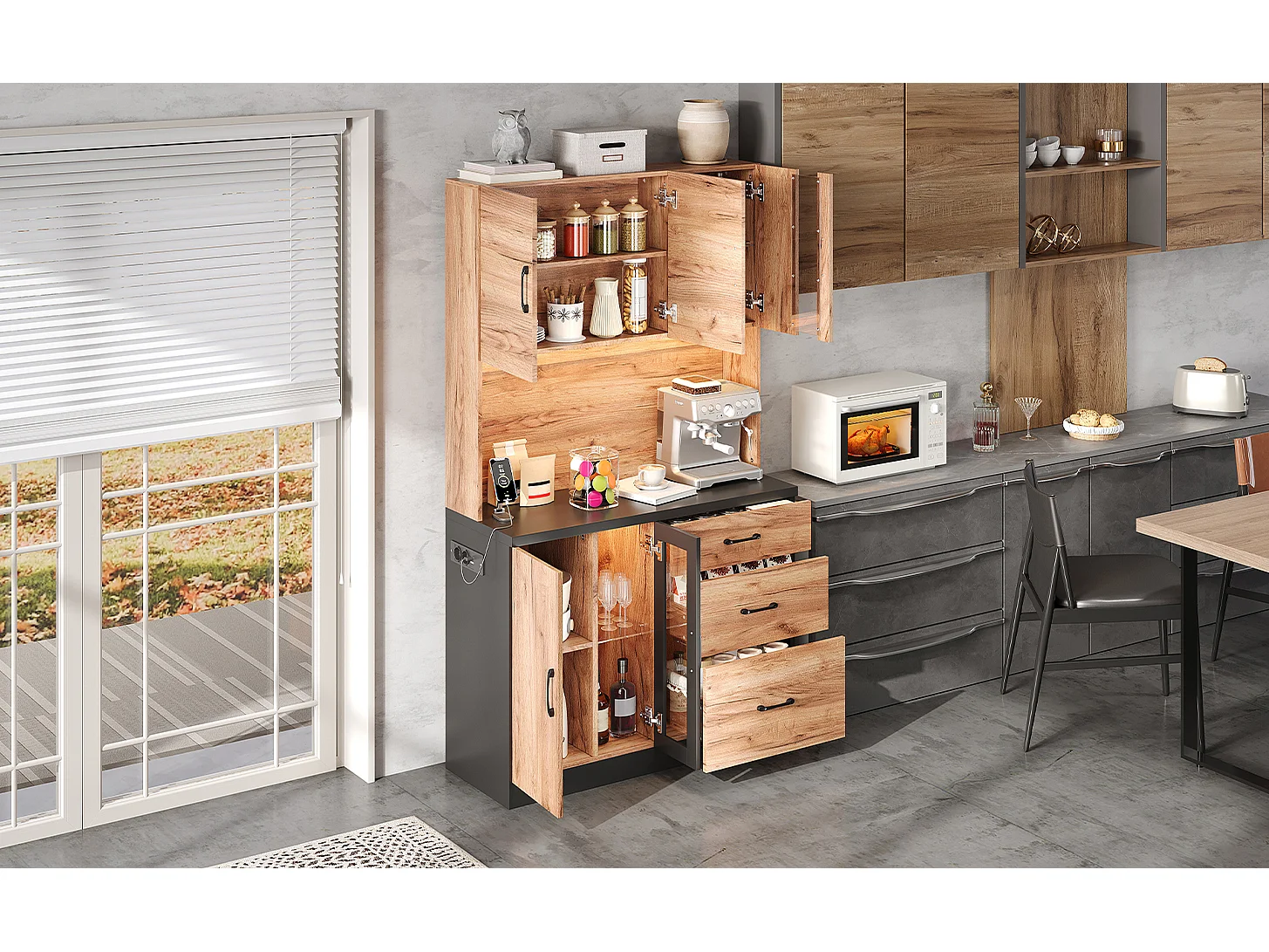 Modern keukendressoir - 105 x 40 x 180 cm - met LED-verlichting + stopcontact + deuren + lades - MDF - naturel