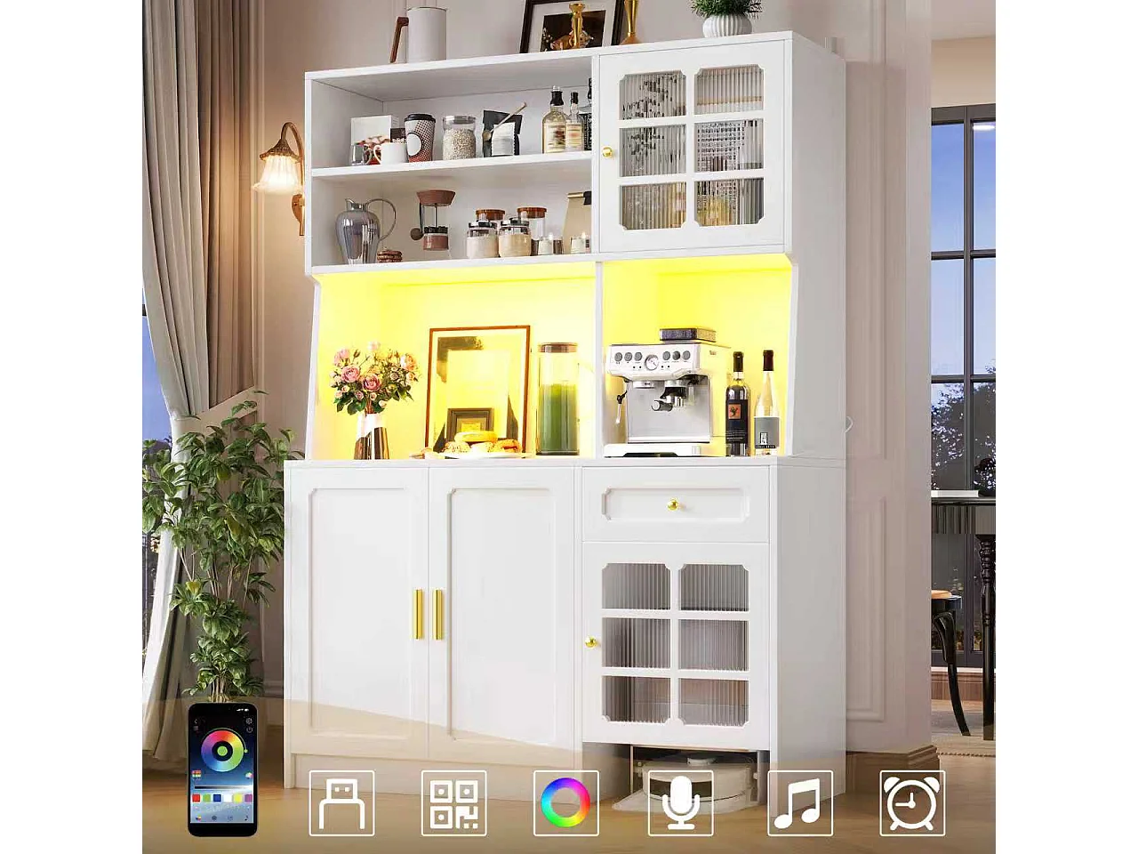 Buffet haute de cuisine - 130 x 45 x 180 cm - avec portes vitrées + Leds + tiroir + étagère - MDF - blanc