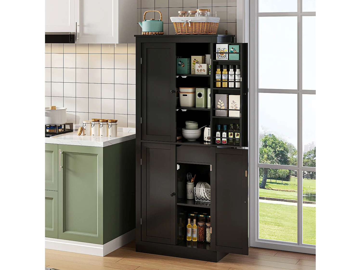 Buffet haut de cuisine - 182 x 40 x 75 cm - avec 4 portes + compartiments de rangement + tiroir - MDF - noir
