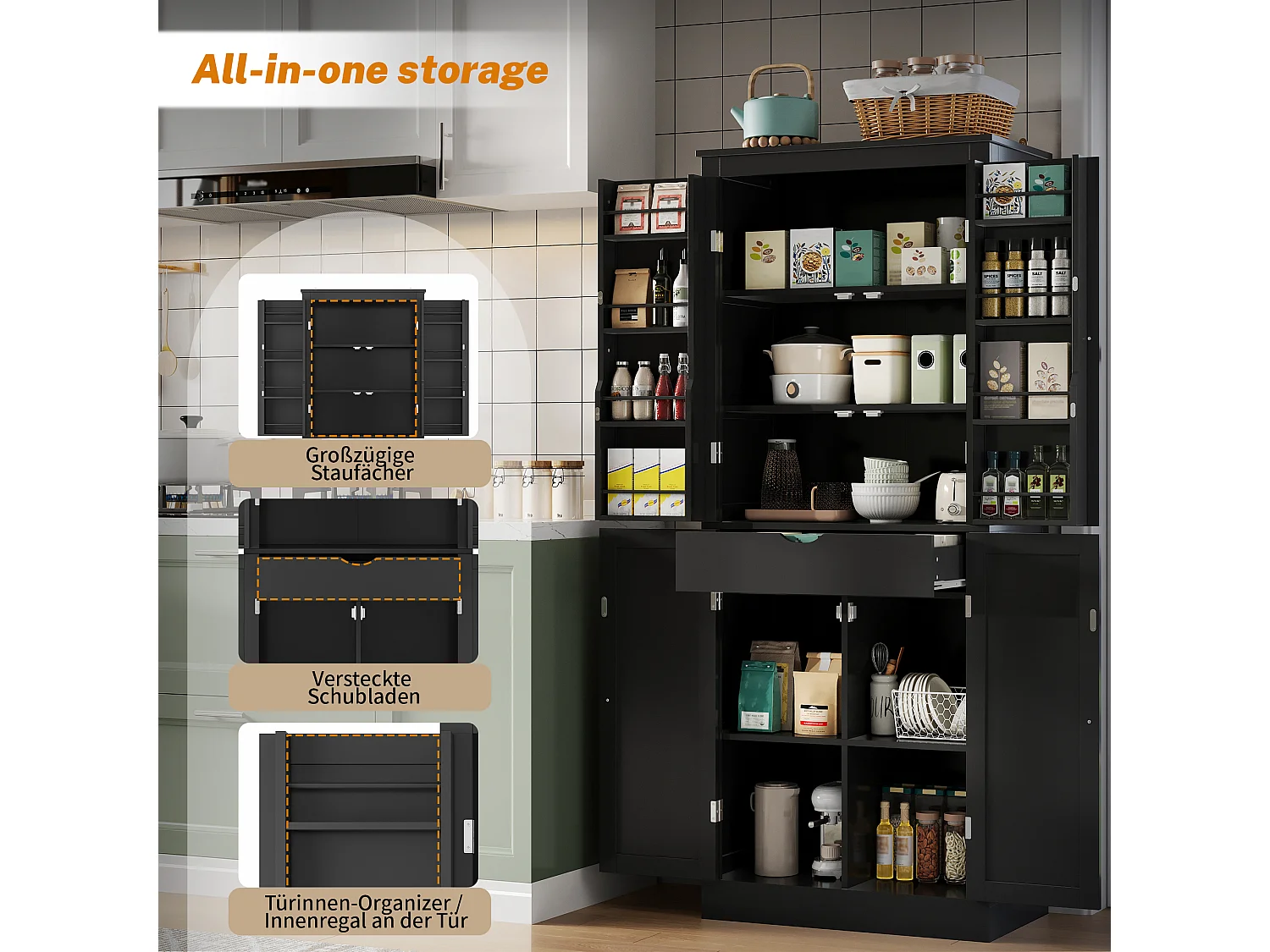 Buffet haut de cuisine - 182 x 40 x 75 cm - avec 4 portes + compartiments de rangement + tiroir - MDF - noir