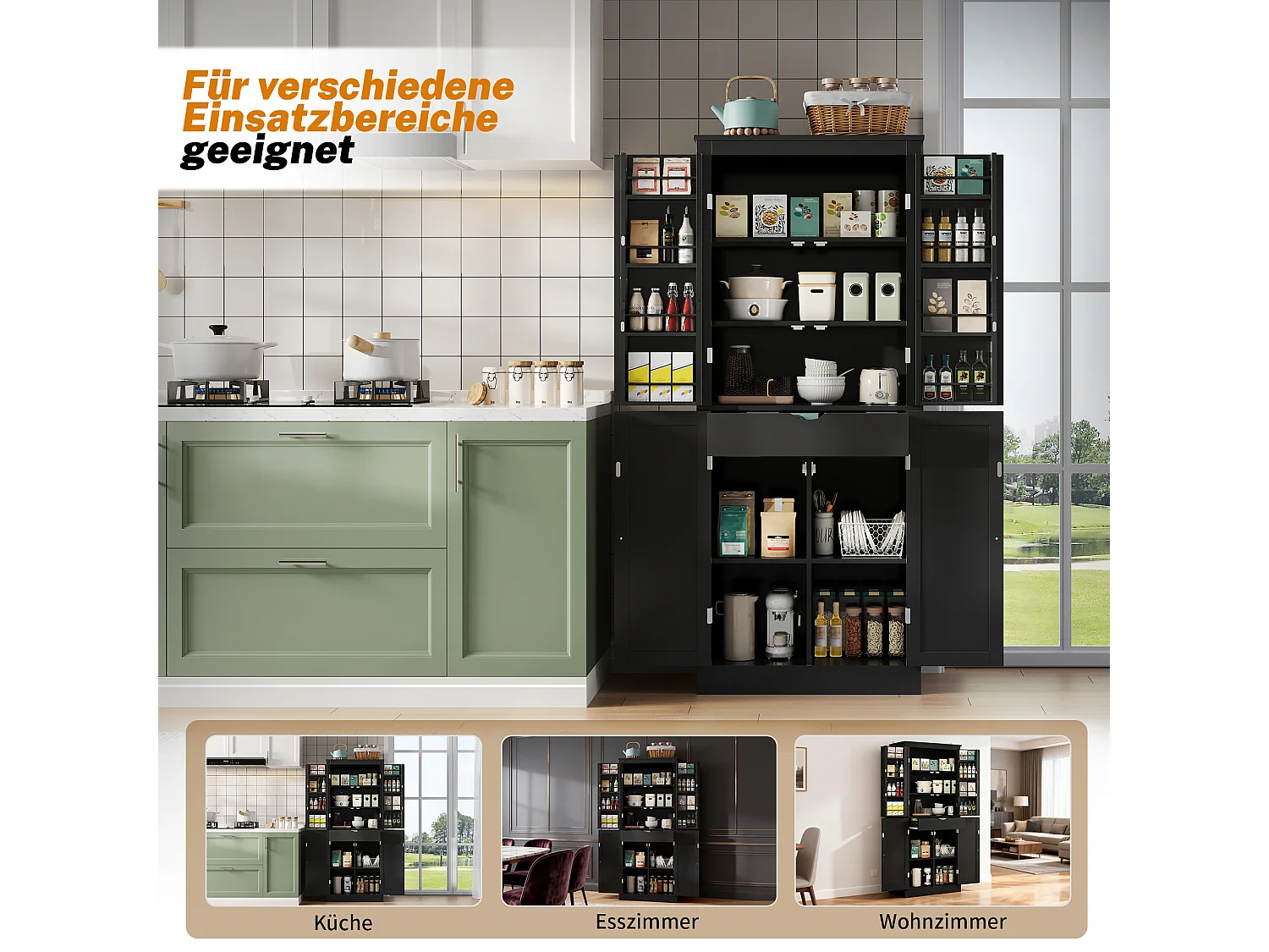 Buffet haut de cuisine - 182 x 40 x 75 cm - avec 4 portes + compartiments de rangement + tiroir - MDF - noir