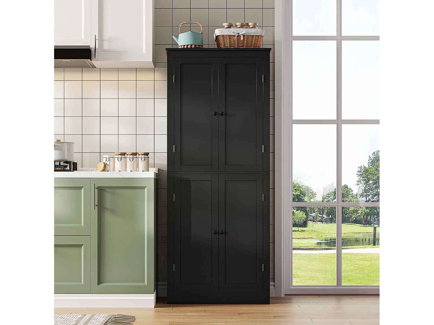 Buffet haut de cuisine - 182 x 40 x 75 cm - avec 4 portes + compartiments de rangement + tiroir - MDF - noir