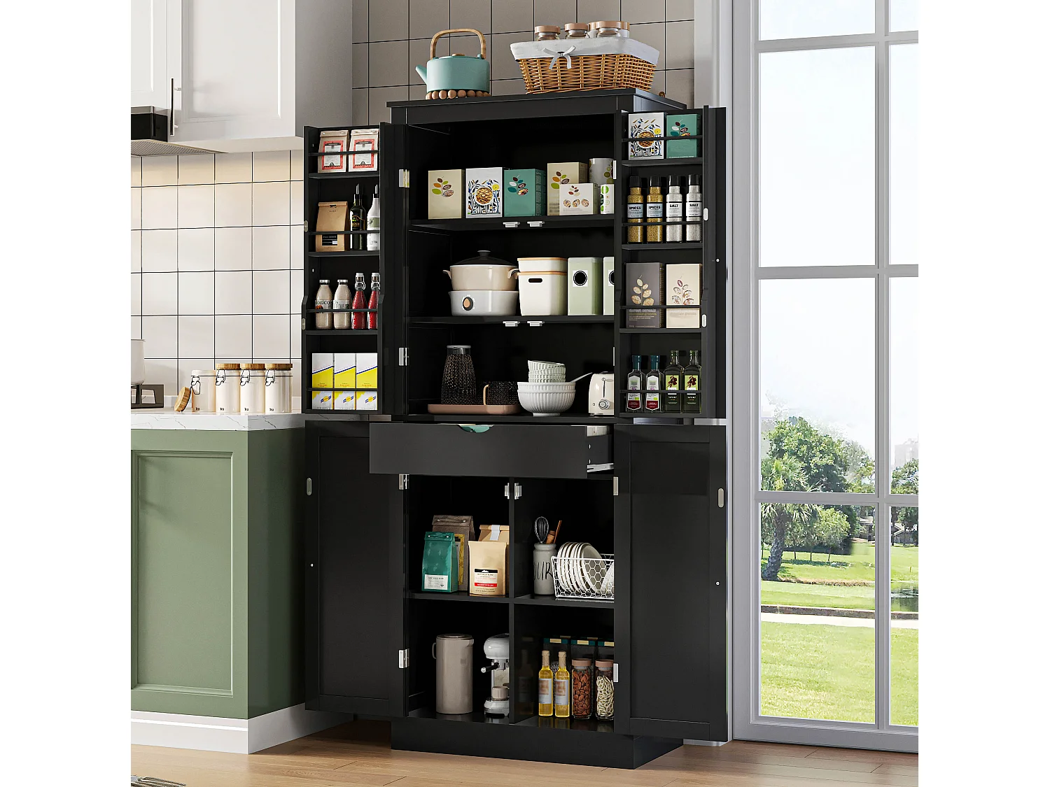 Buffet haut de cuisine - 182 x 40 x 75 cm - avec 4 portes + compartiments de rangement + tiroir - MDF - noir