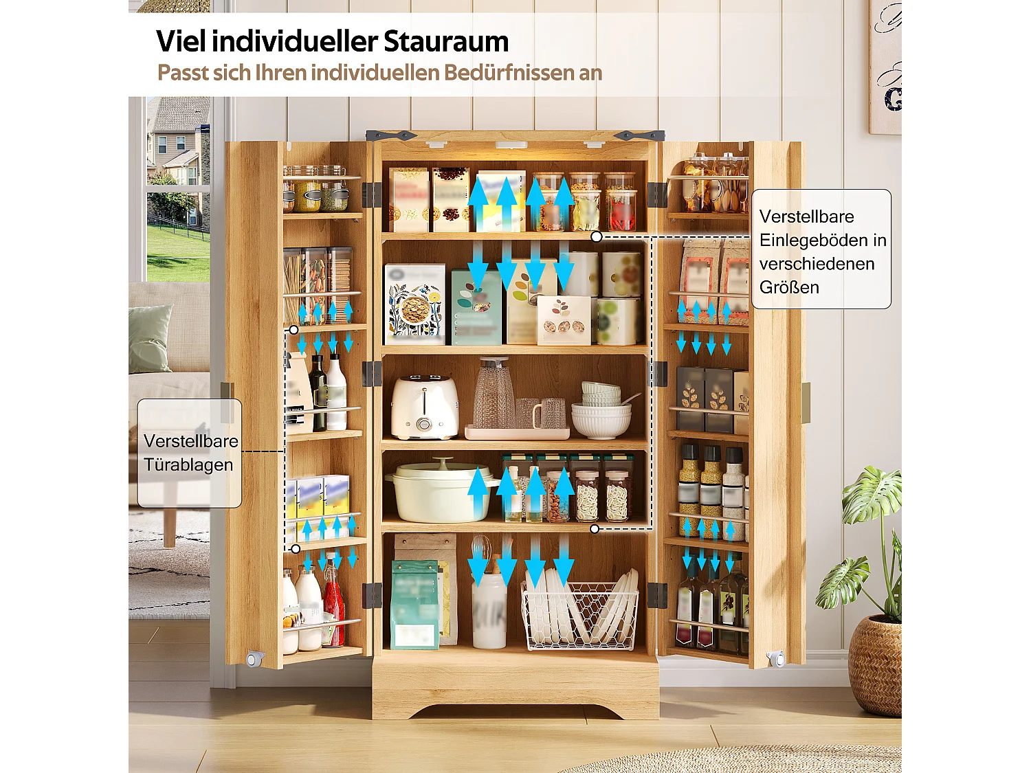 Credenza da cucina - 60,5 x 40 x 120 cm - con LED + 2 ante + ripiani regolabili - MDF - naturale