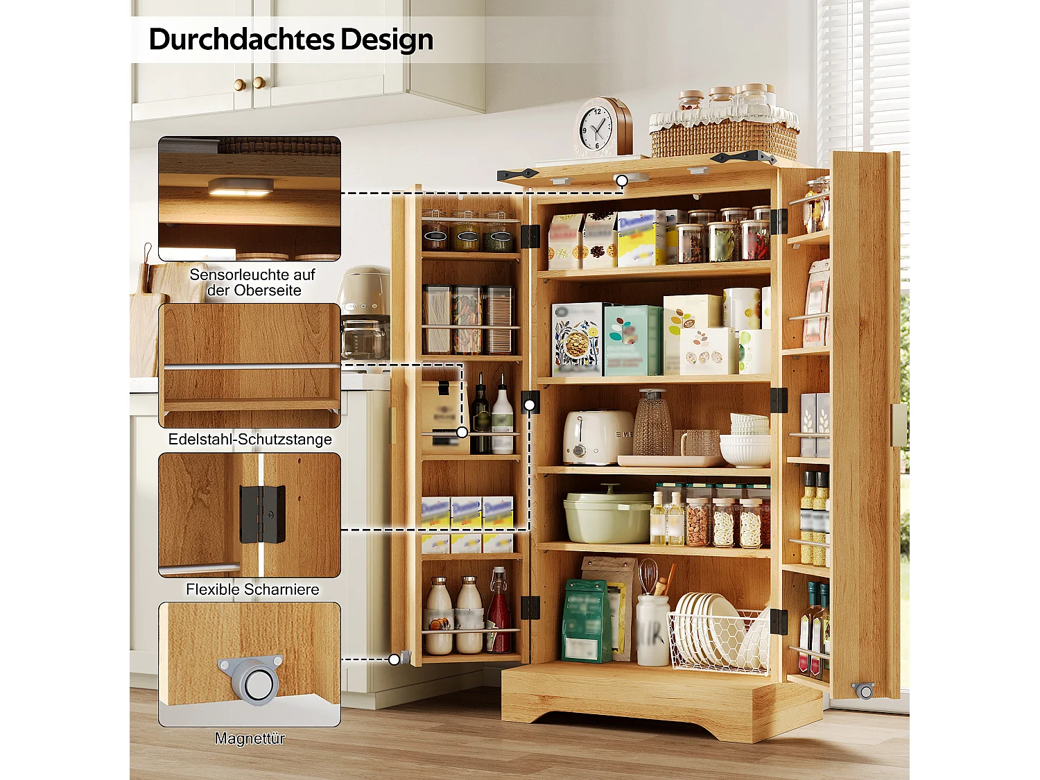 Credenza da cucina - 60,5 x 40 x 120 cm - con LED + 2 ante + ripiani regolabili - MDF - naturale