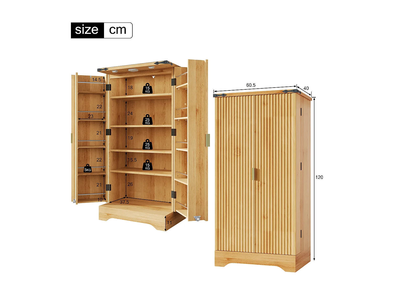 Credenza da cucina - 60,5 x 40 x 120 cm - con LED + 2 ante + ripiani regolabili - MDF - naturale