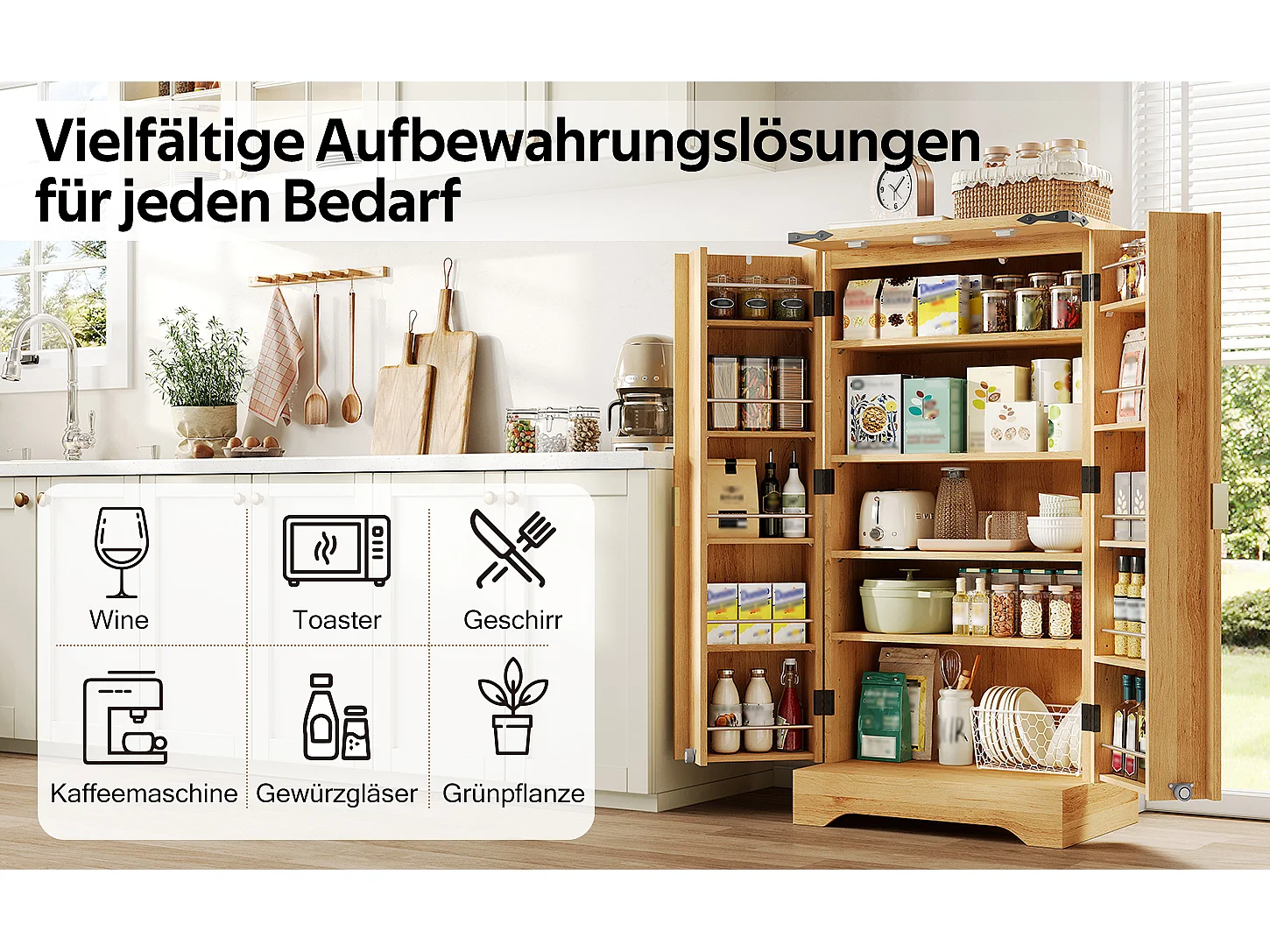 Credenza da cucina - 60,5 x 40 x 120 cm - con LED + 2 ante + ripiani regolabili - MDF - naturale