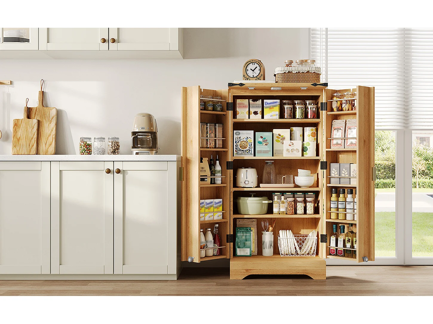 Credenza da cucina - 60,5 x 40 x 120 cm - con LED + 2 ante + ripiani regolabili - MDF - naturale