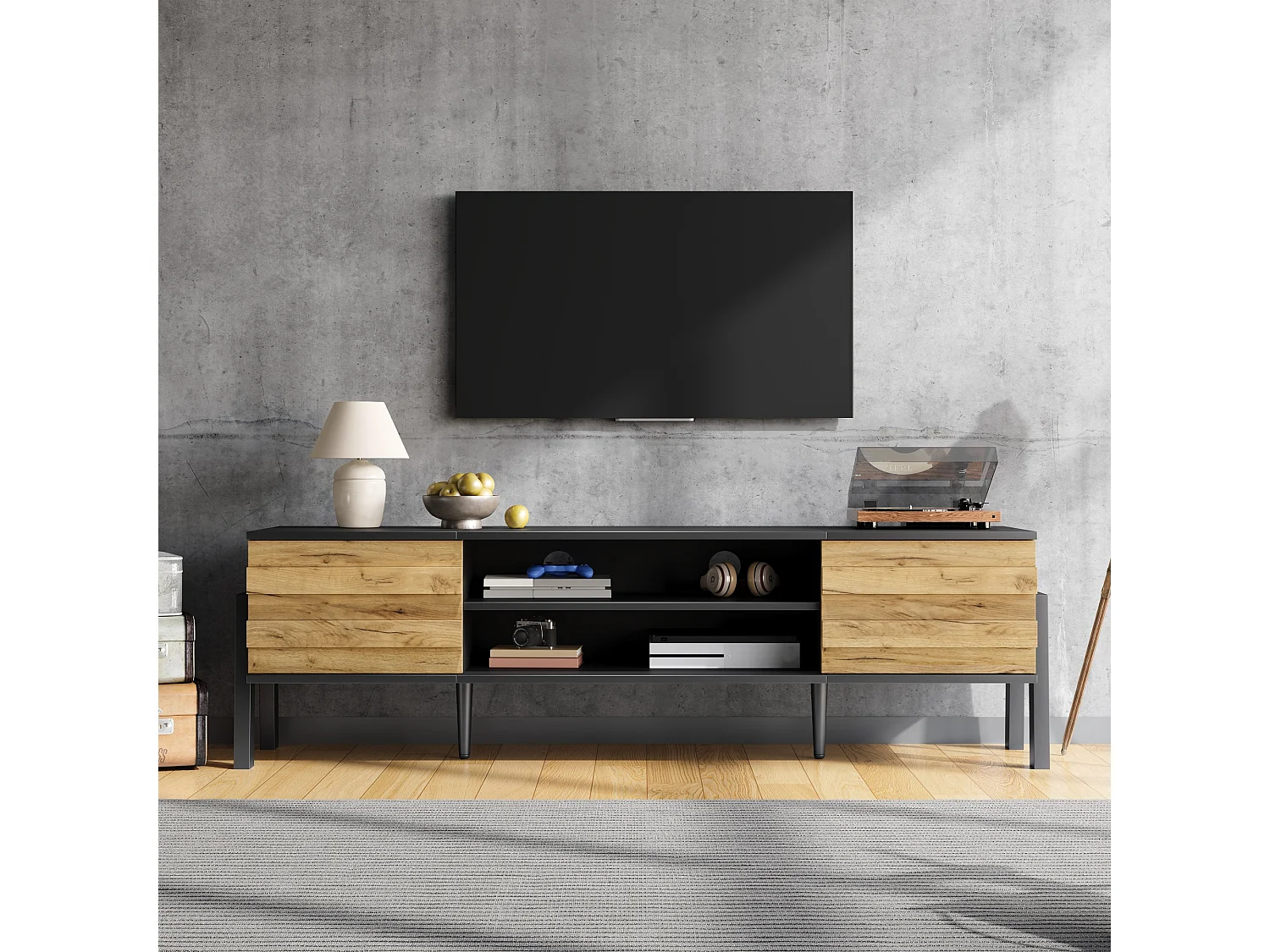 Stojak pod telewizor do salonu - 175 x 39,5 x 53 cm - z 2 drzwiami + otwarta przestrzeń do przechowywania - do telewizorów do 70 cali - płyta wiórowa - czarny