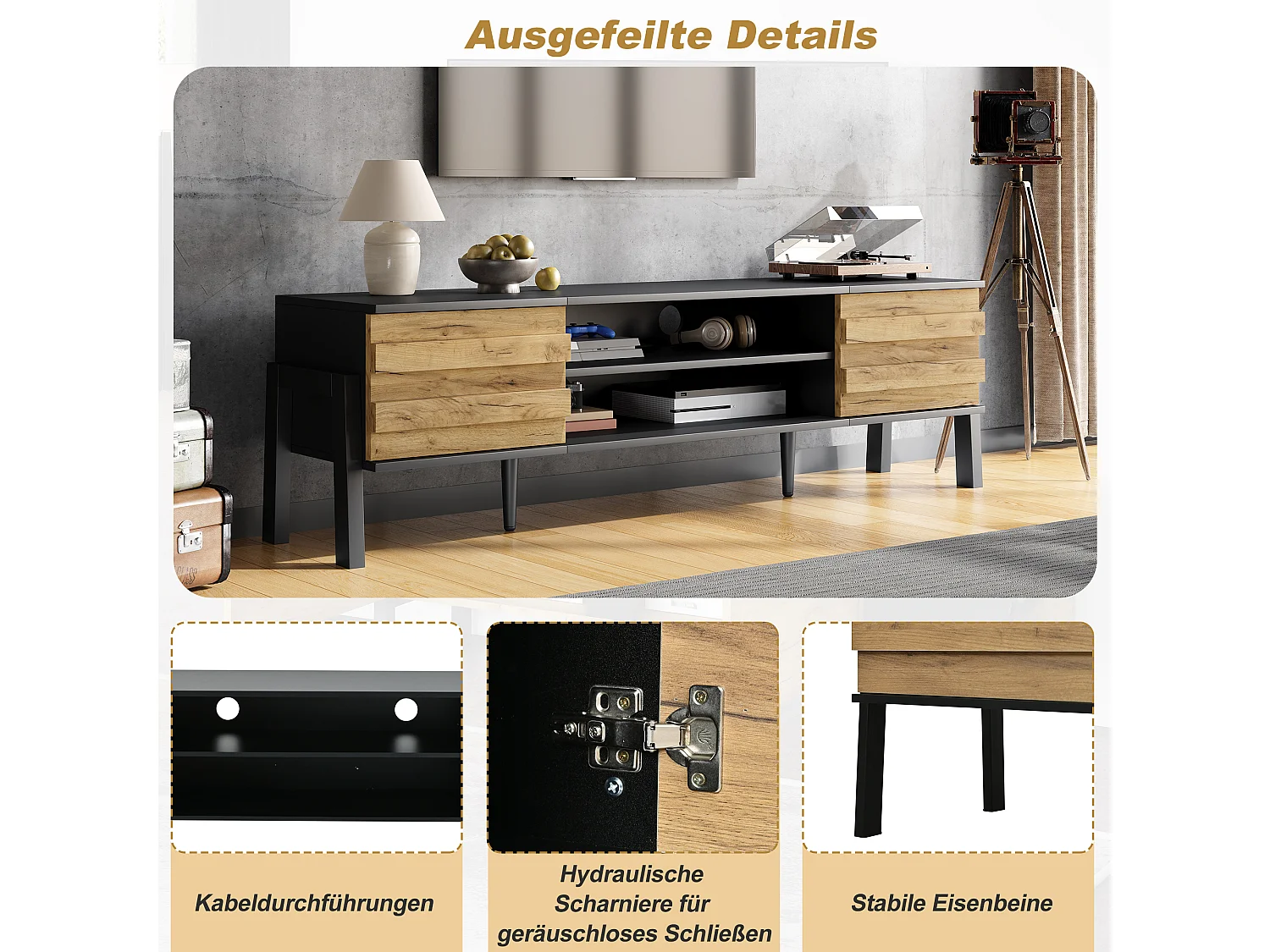 Stojak pod telewizor do salonu - 175 x 39,5 x 53 cm - z 2 drzwiami + otwarta przestrzeń do przechowywania - do telewizorów do 70 cali - płyta wiórowa - czarny