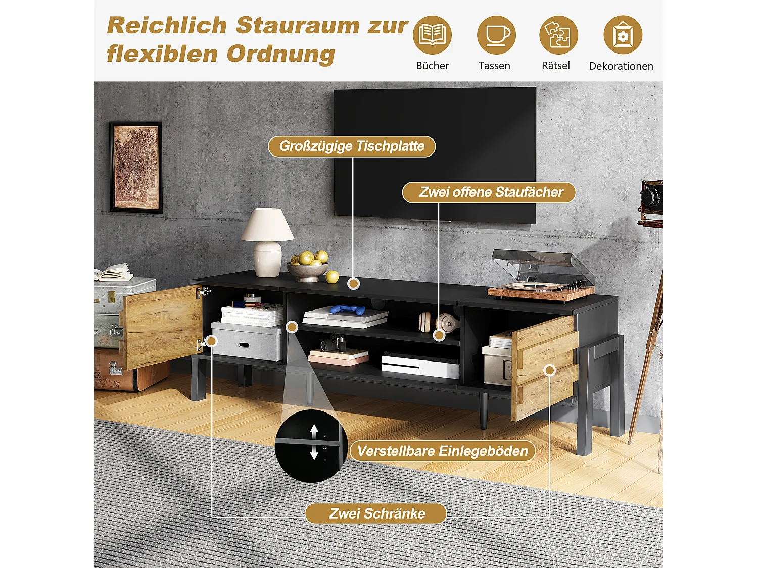 Stojak pod telewizor do salonu - 175 x 39,5 x 53 cm - z 2 drzwiami + otwarta przestrzeń do przechowywania - do telewizorów do 70 cali - płyta wiórowa - czarny