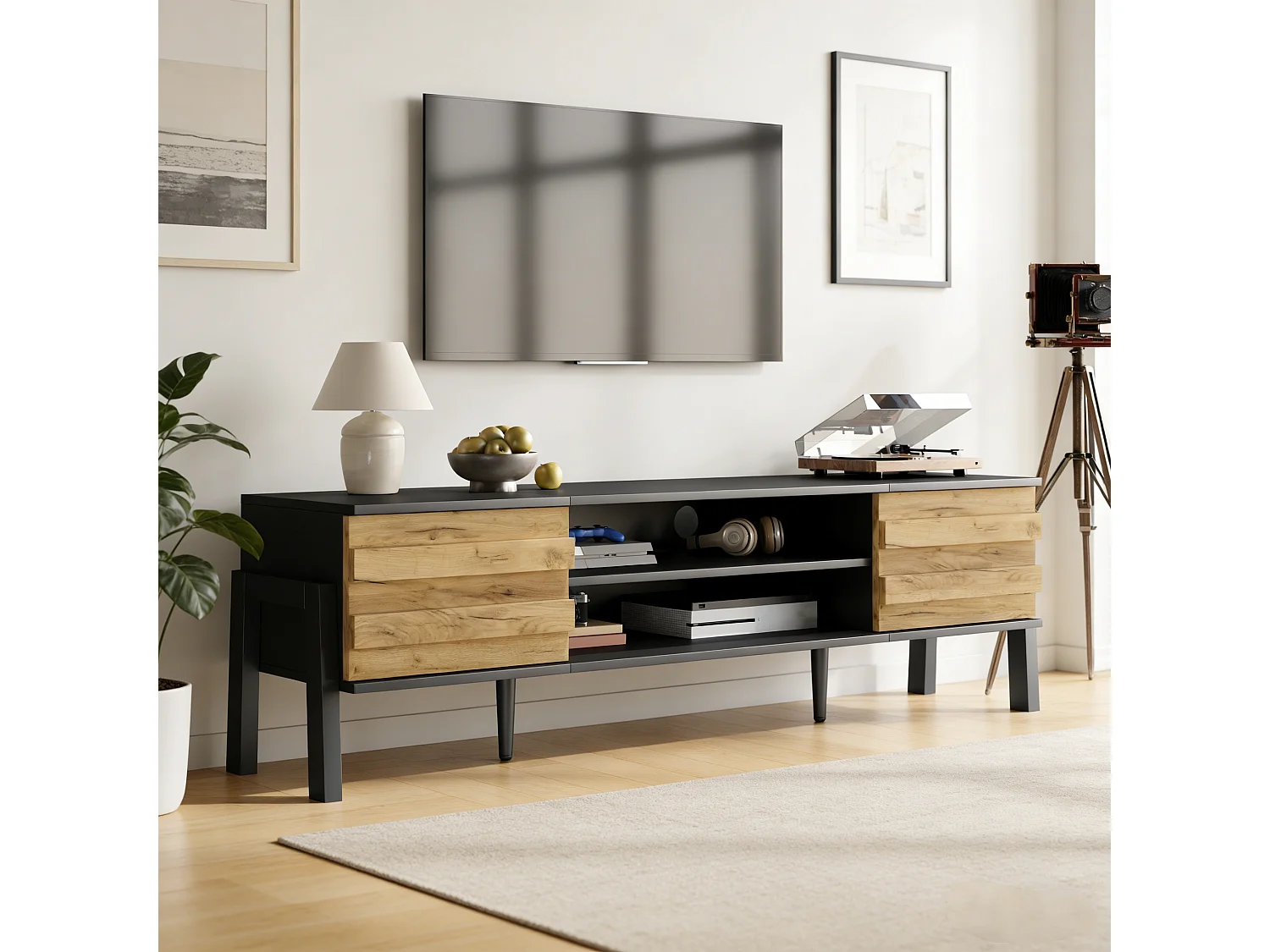 Stojak pod telewizor do salonu - 175 x 39,5 x 53 cm - z 2 drzwiami + otwarta przestrzeń do przechowywania - do telewizorów do 70 cali - płyta wiórowa - czarny