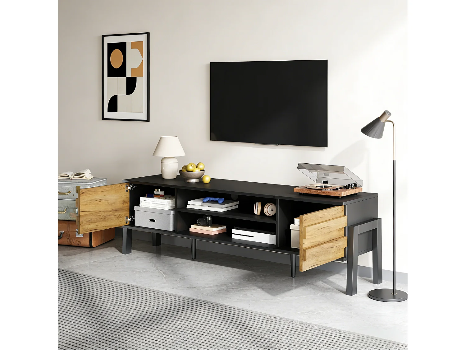Stojak pod telewizor do salonu - 175 x 39,5 x 53 cm - z 2 drzwiami + otwarta przestrzeń do przechowywania - do telewizorów do 70 cali - płyta wiórowa - czarny