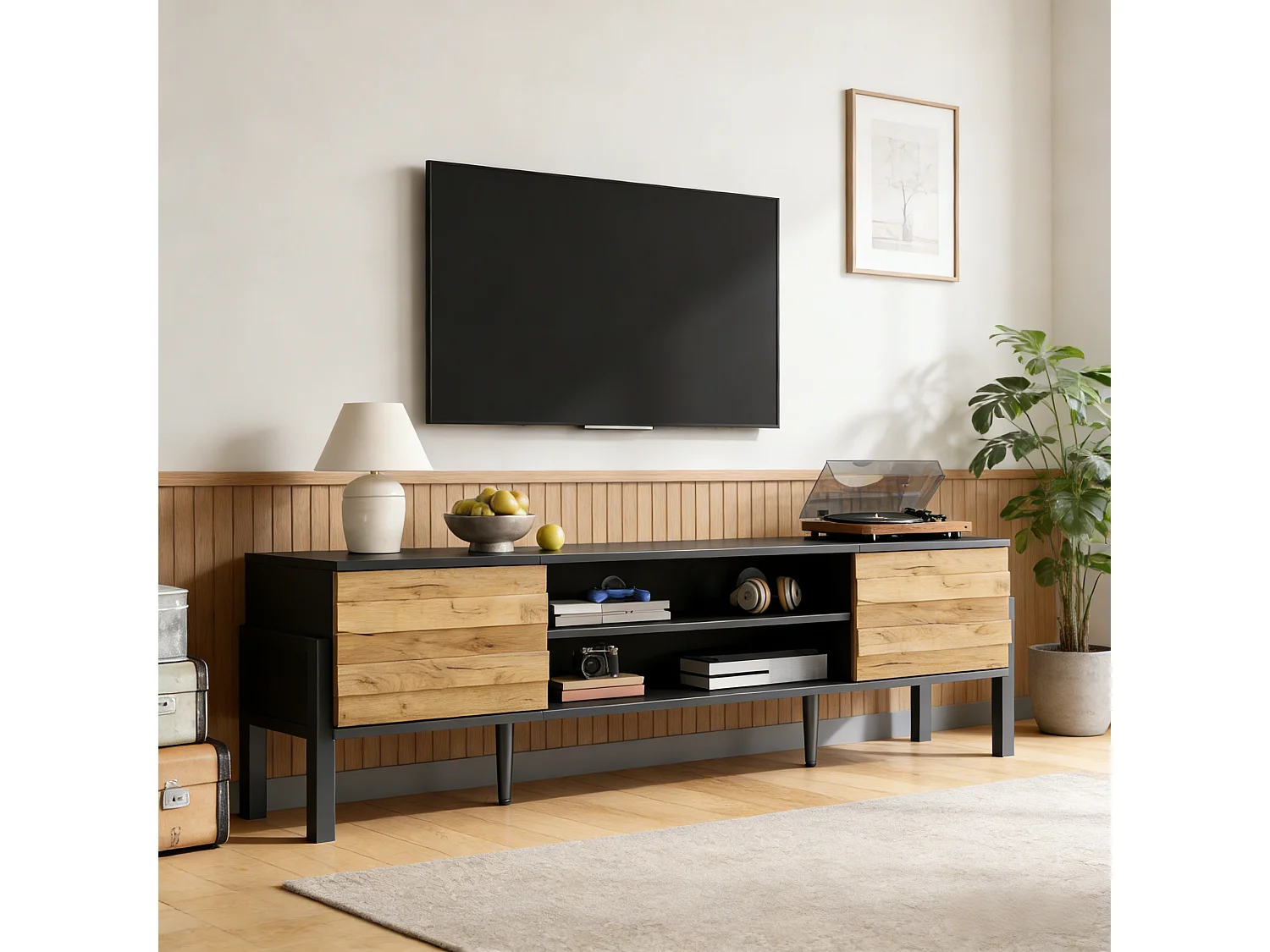 Stojak pod telewizor do salonu - 175 x 39,5 x 53 cm - z 2 drzwiami + otwarta przestrzeń do przechowywania - do telewizorów do 70 cali - płyta wiórowa - czarny