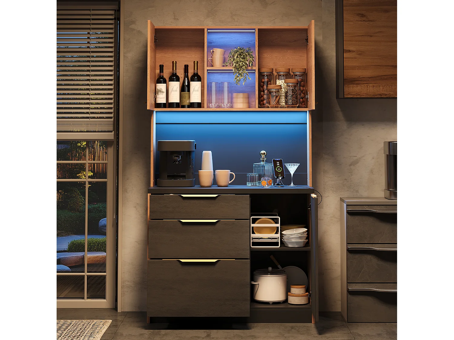 Buffet haute de cuisine élégante - 100 x 40 x 180 cm - avec Leds + prise + portes + tiroirs + étagères - MDF - noir + naturel