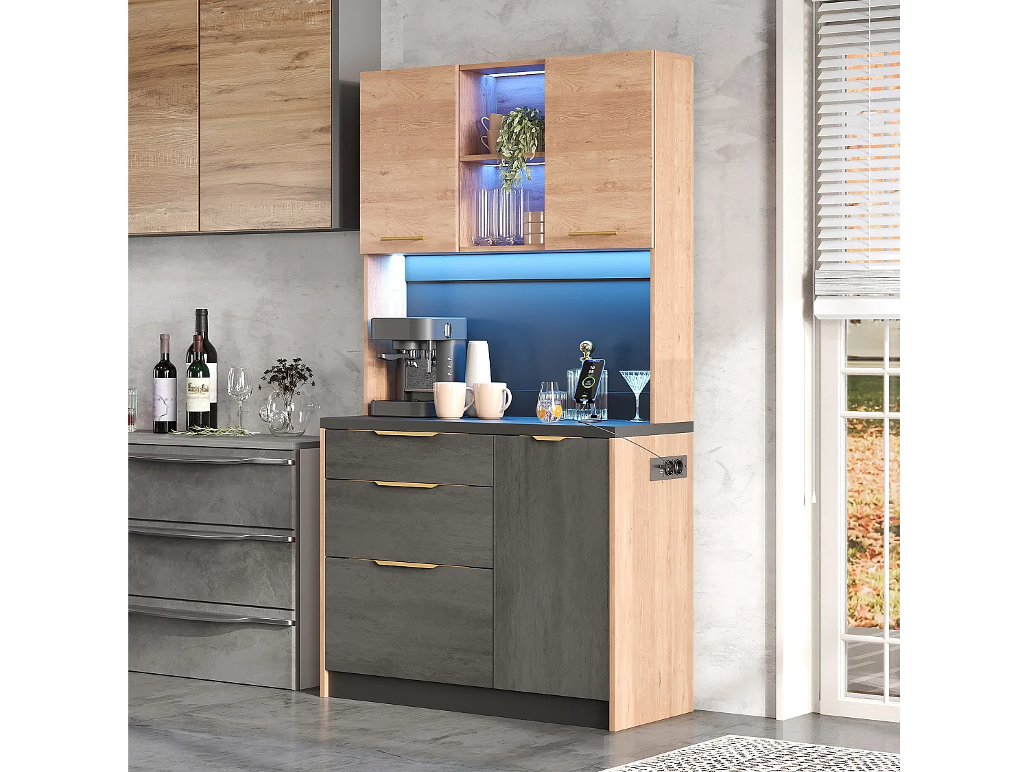 Buffet haute de cuisine élégante - 100 x 40 x 180 cm - avec Leds + prise + portes + tiroirs + étagères - MDF - noir + naturel