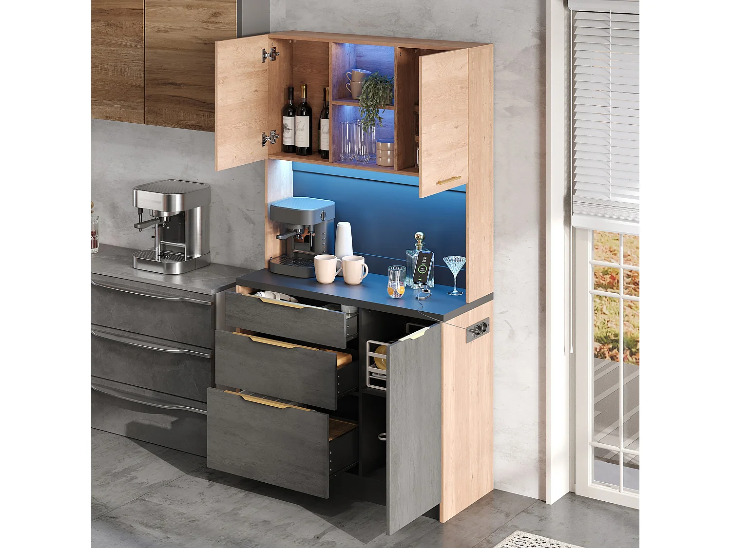 Buffet haute de cuisine élégante - 100 x 40 x 180 cm - avec Leds + prise + portes + tiroirs + étagères - MDF - noir + naturel