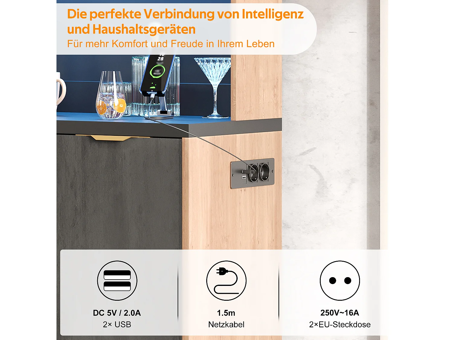 Buffet haute de cuisine élégante - 100 x 40 x 180 cm - avec Leds + prise + portes + tiroirs + étagères - MDF - noir + naturel