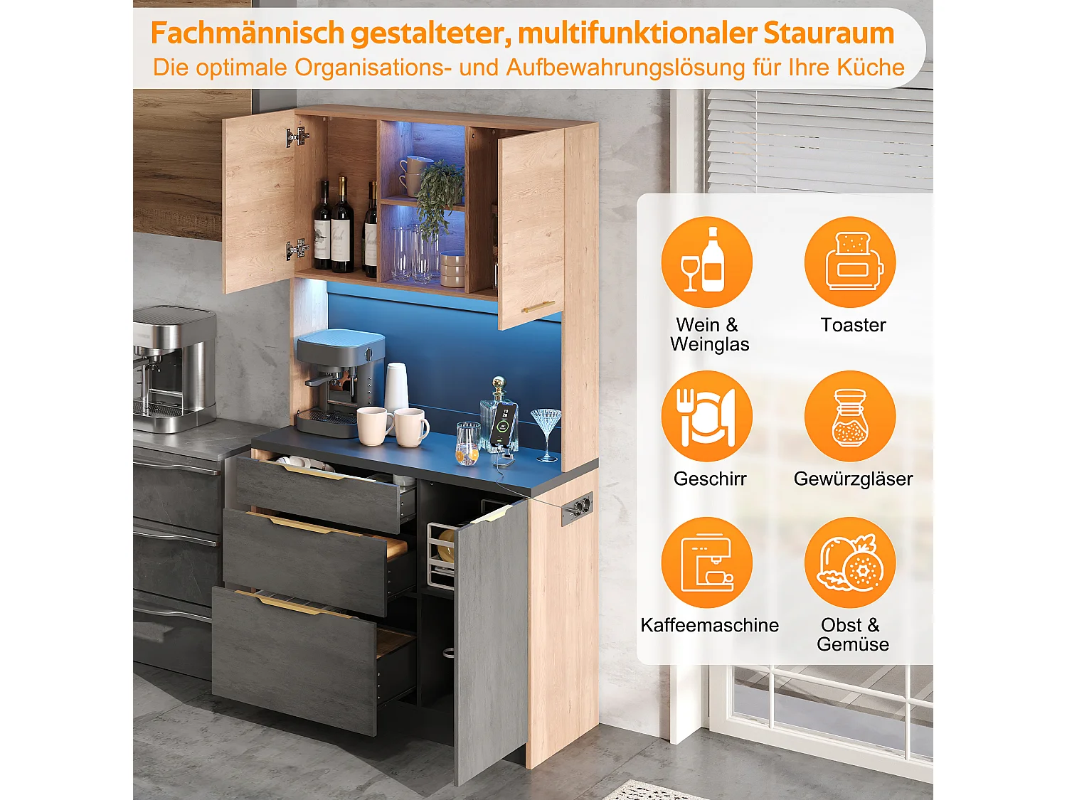 Buffet haute de cuisine élégante - 100 x 40 x 180 cm - avec Leds + prise + portes + tiroirs + étagères - MDF - noir + naturel