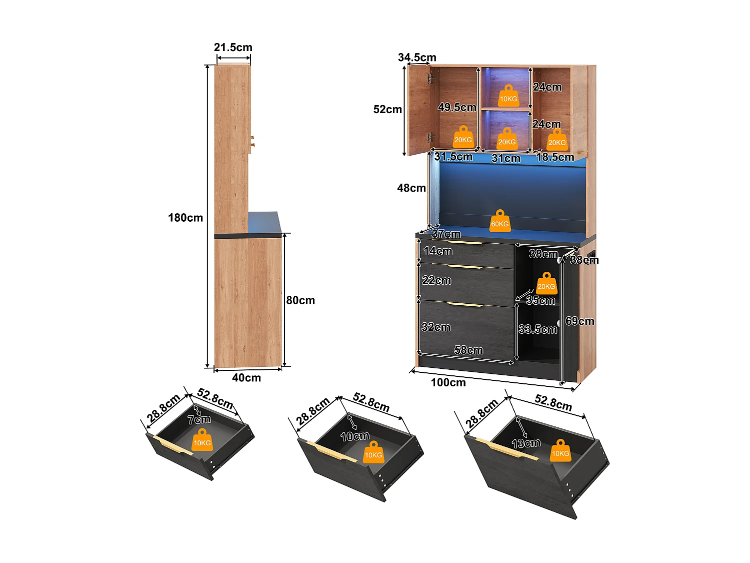 Buffet haute de cuisine élégante - 100 x 40 x 180 cm - avec Leds + prise + portes + tiroirs + étagères - MDF - noir + naturel