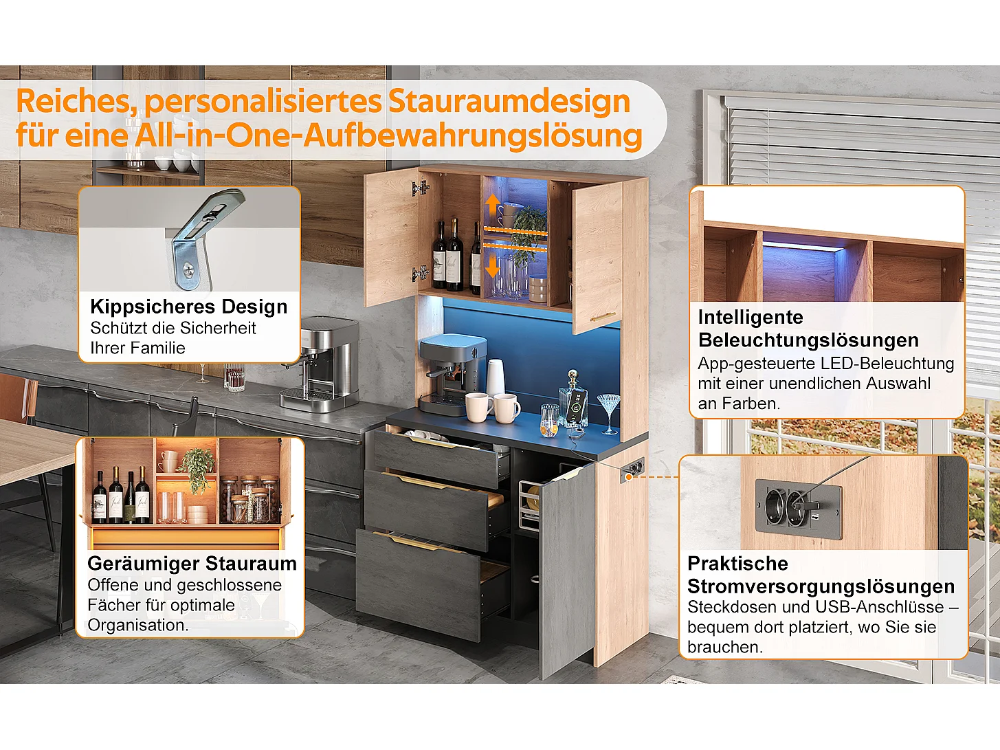 Buffet haute de cuisine élégante - 100 x 40 x 180 cm - avec Leds + prise + portes + tiroirs + étagères - MDF - noir + naturel