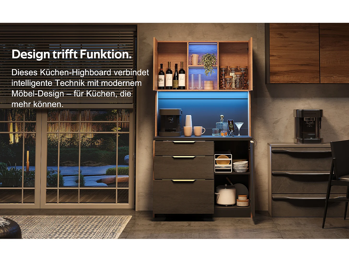 Buffet haute de cuisine élégante - 100 x 40 x 180 cm - avec Leds + prise + portes + tiroirs + étagères - MDF - noir + naturel