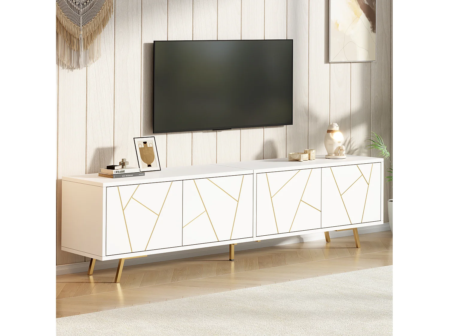 TV-Möbel fürs Wohnzimmer – 190 x 40 x 51,5 cm – mit 4 Türen – 6 Metallbeine – für Fernseher bis 85 Zoll – Spanplatte – weiß