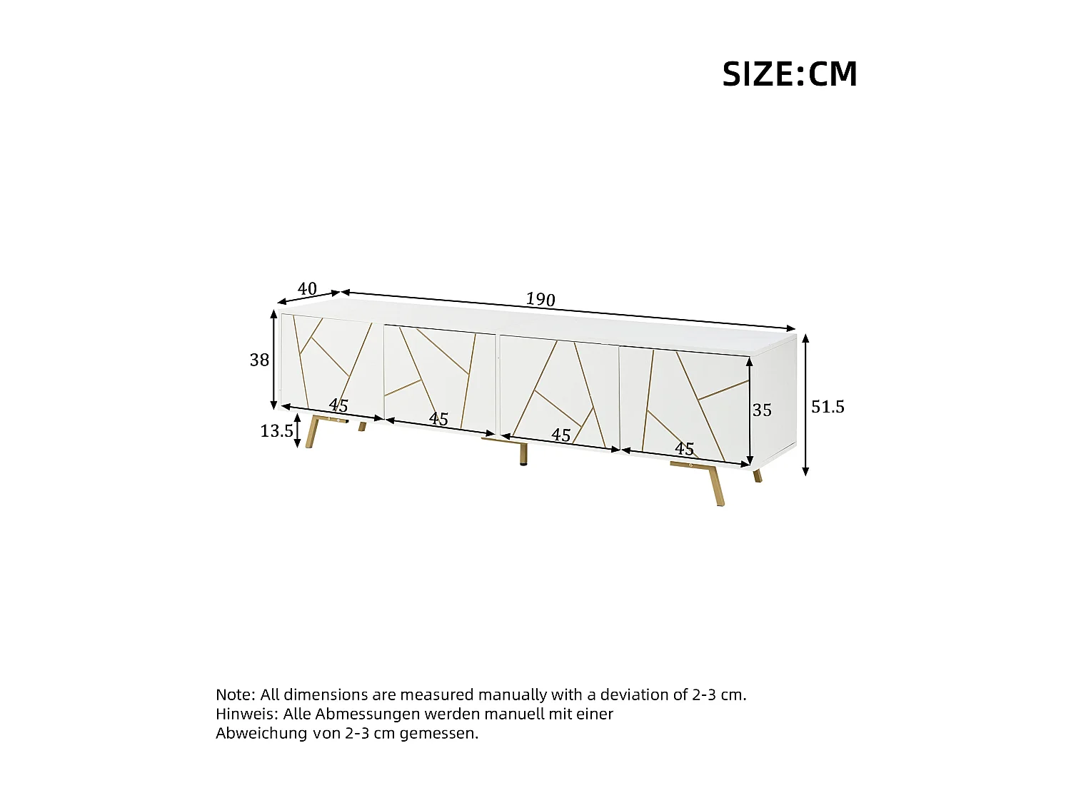 TV-Möbel fürs Wohnzimmer – 190 x 40 x 51,5 cm – mit 4 Türen – 6 Metallbeine – für Fernseher bis 85 Zoll – Spanplatte – weiß