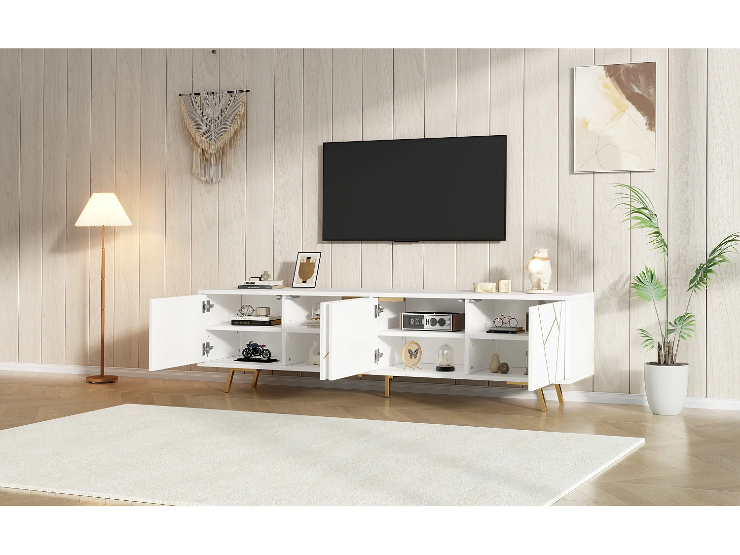 TV-Möbel fürs Wohnzimmer – 190 x 40 x 51,5 cm – mit 4 Türen – 6 Metallbeine – für Fernseher bis 85 Zoll – Spanplatte – weiß