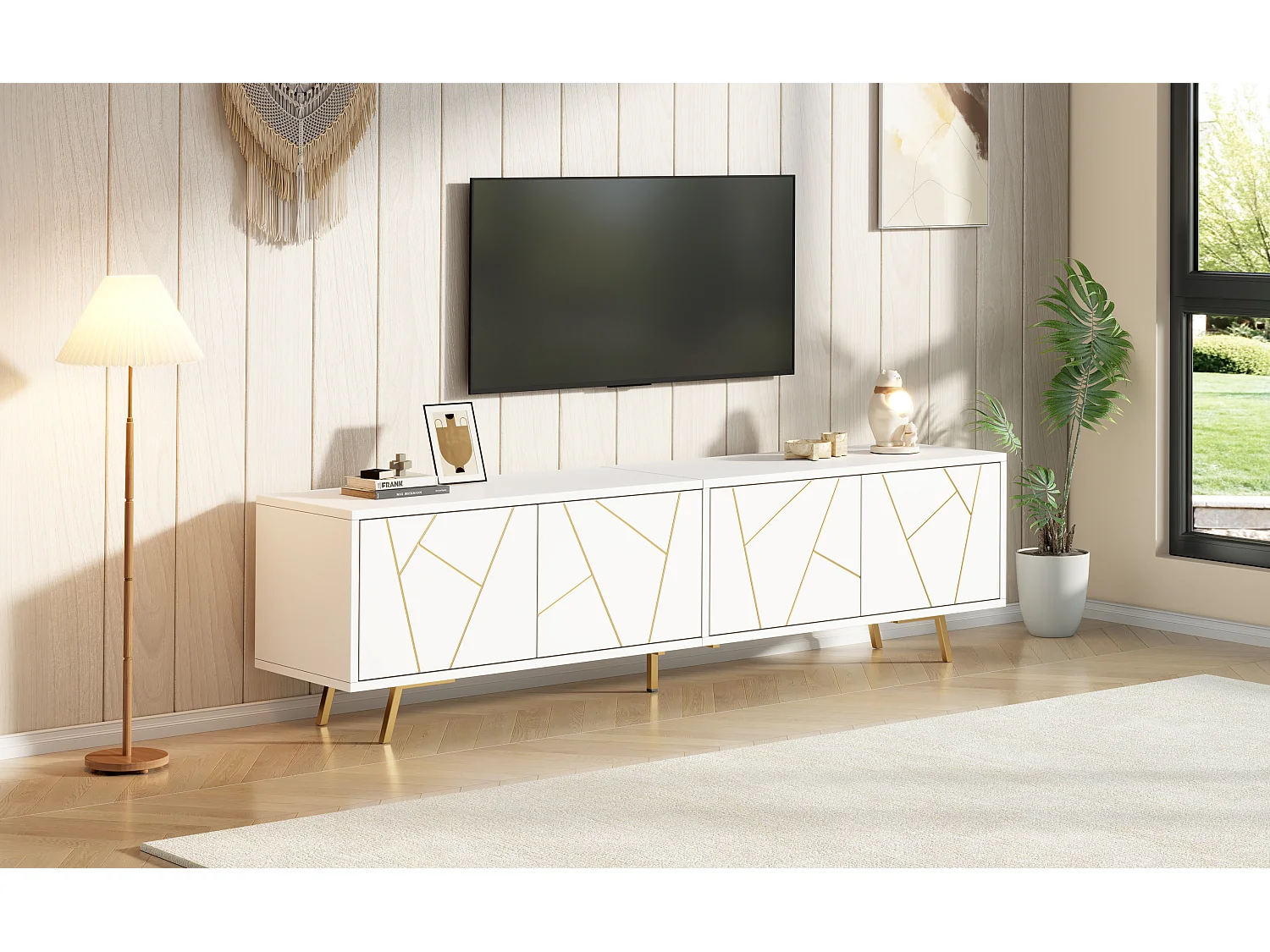 TV-Möbel fürs Wohnzimmer – 190 x 40 x 51,5 cm – mit 4 Türen – 6 Metallbeine – für Fernseher bis 85 Zoll – Spanplatte – weiß