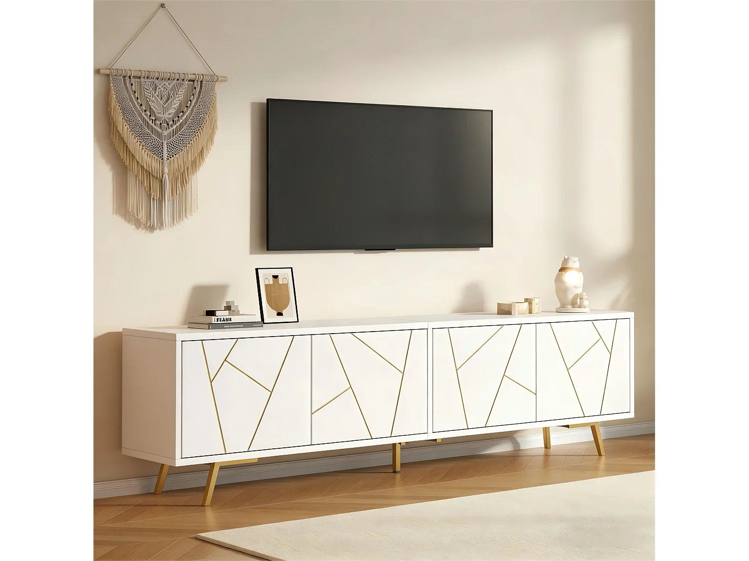 TV-Möbel fürs Wohnzimmer – 190 x 40 x 51,5 cm – mit 4 Türen – 6 Metallbeine – für Fernseher bis 85 Zoll – Spanplatte – weiß