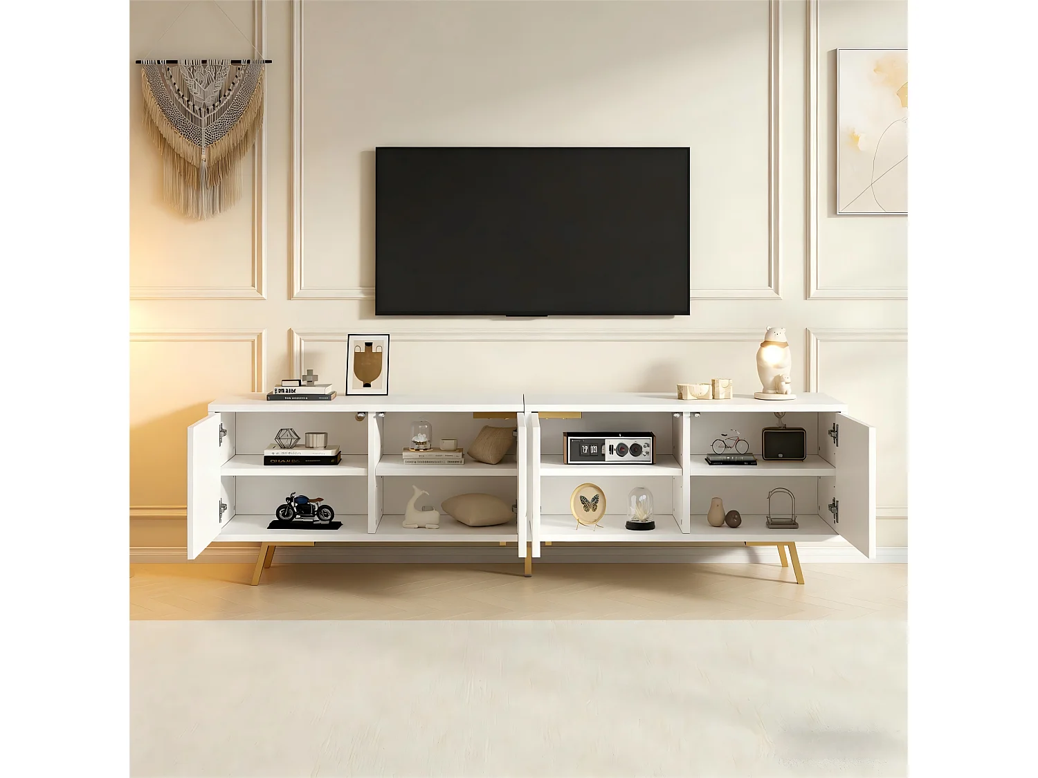 TV-Möbel fürs Wohnzimmer – 190 x 40 x 51,5 cm – mit 4 Türen – 6 Metallbeine – für Fernseher bis 85 Zoll – Spanplatte – weiß