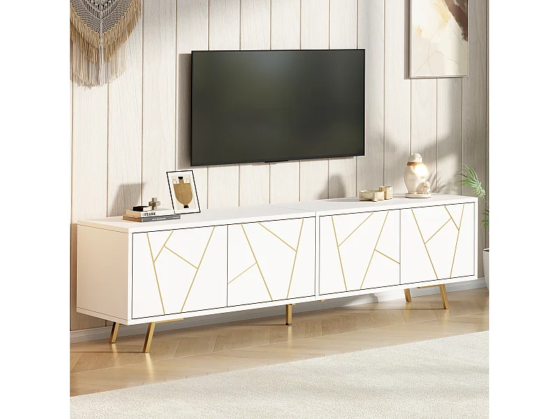 TV-Möbel fürs Wohnzimmer – 190 x 40 x 51,5 cm – mit 4 Türen – 6 Metallbeine – für Fernseher bis 85 Zoll – Spanplatte – weiß