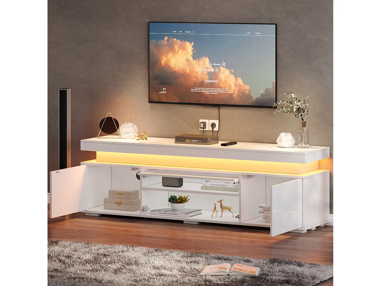 TV-Möbel fürs Wohnzimmer – 150 x 35 x 43 cm – mit 3 Türen, LED-Beleuchtung und Staufächern – Spanplatte – weiß