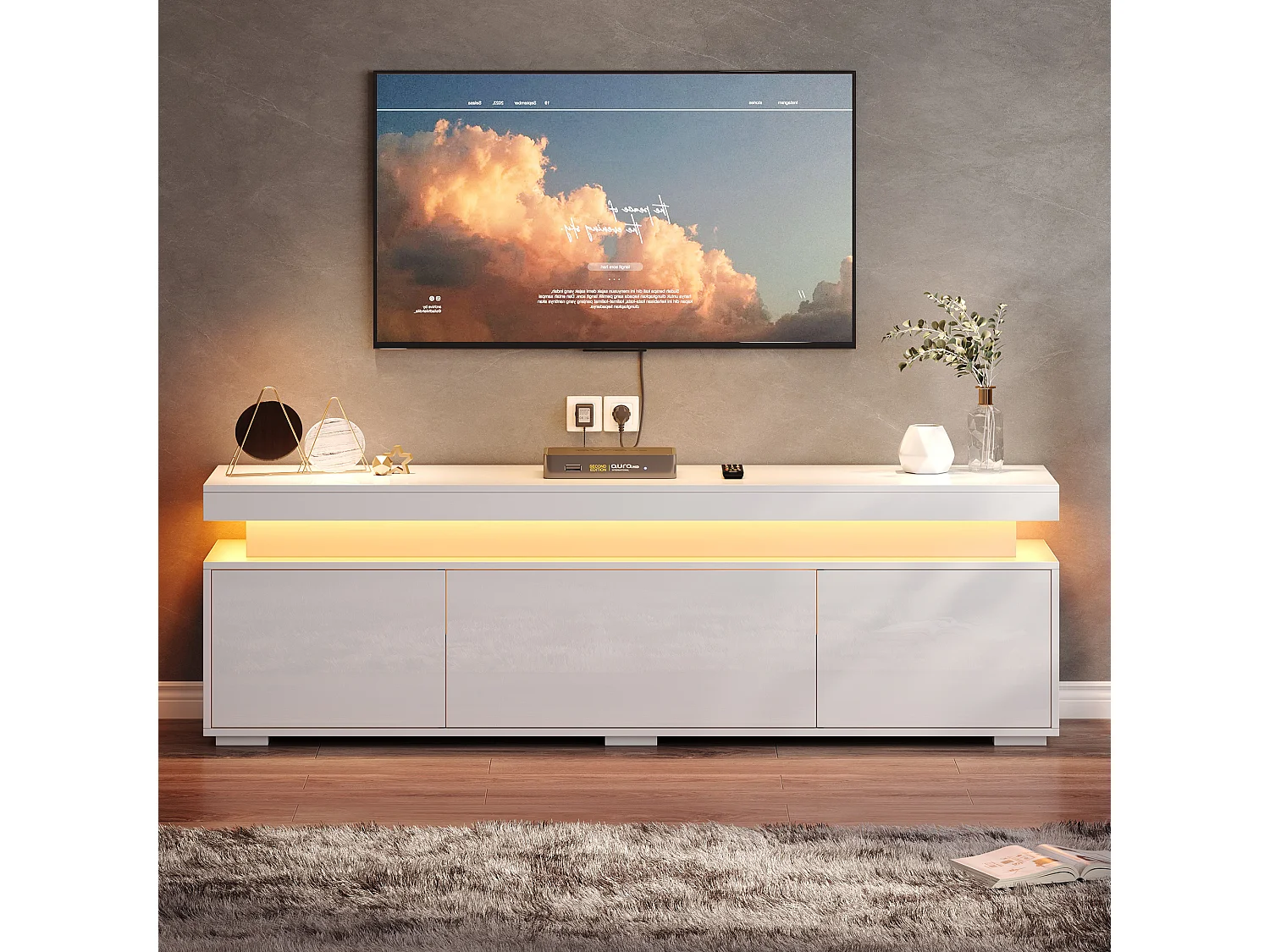 TV-Möbel fürs Wohnzimmer – 150 x 35 x 43 cm – mit 3 Türen, LED-Beleuchtung und Staufächern – Spanplatte – weiß