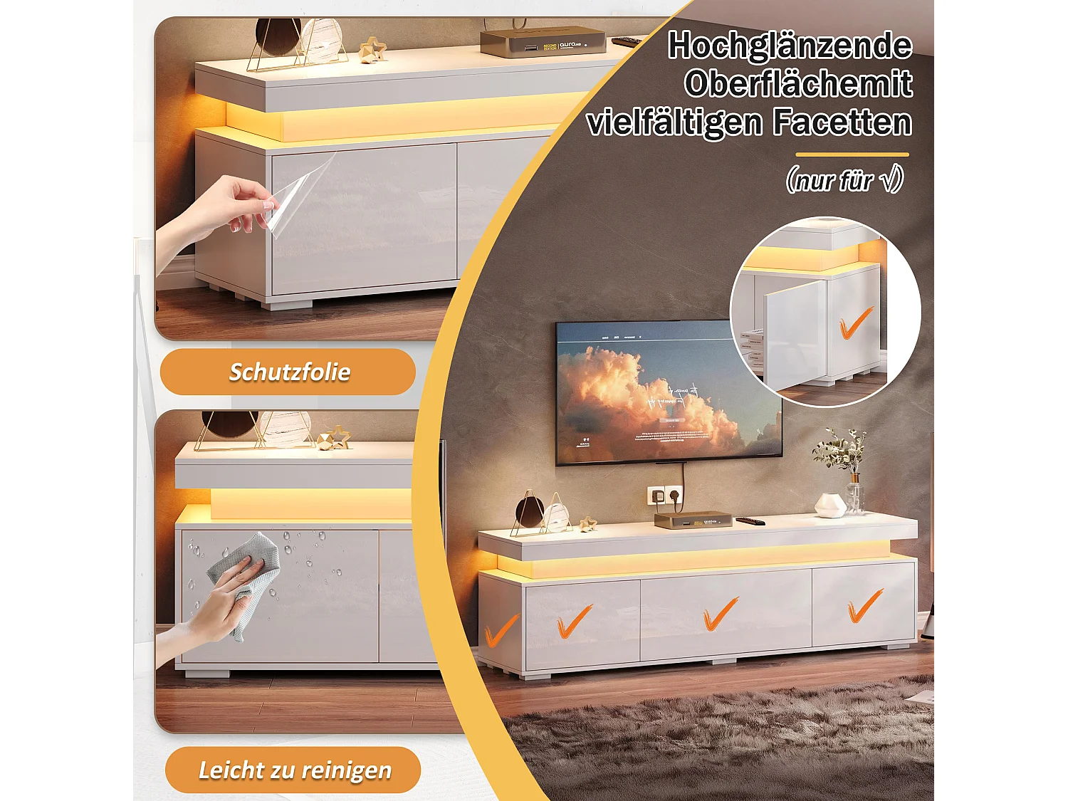 TV-Möbel fürs Wohnzimmer – 150 x 35 x 43 cm – mit 3 Türen, LED-Beleuchtung und Staufächern – Spanplatte – weiß