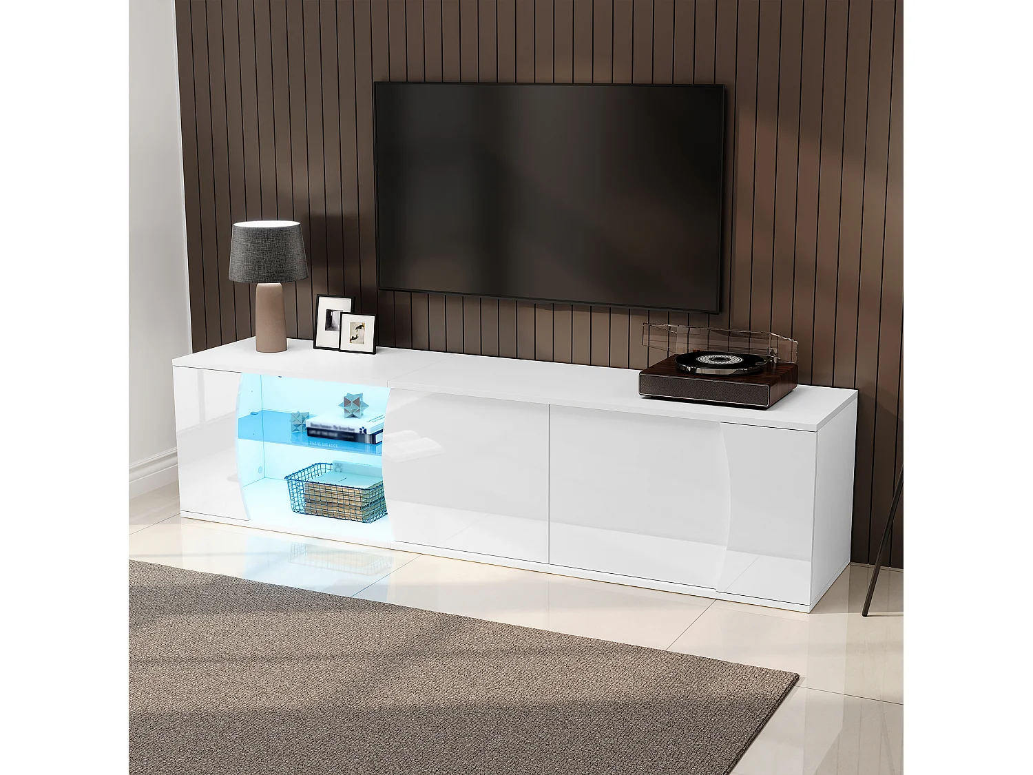 TV-Möbel fürs Wohnzimmer – 180 x 40 x 45 cm – mit 3 Türen und LED-Beleuchtung – für 80-Zoll-Fernseher – Spanplatte – weiß