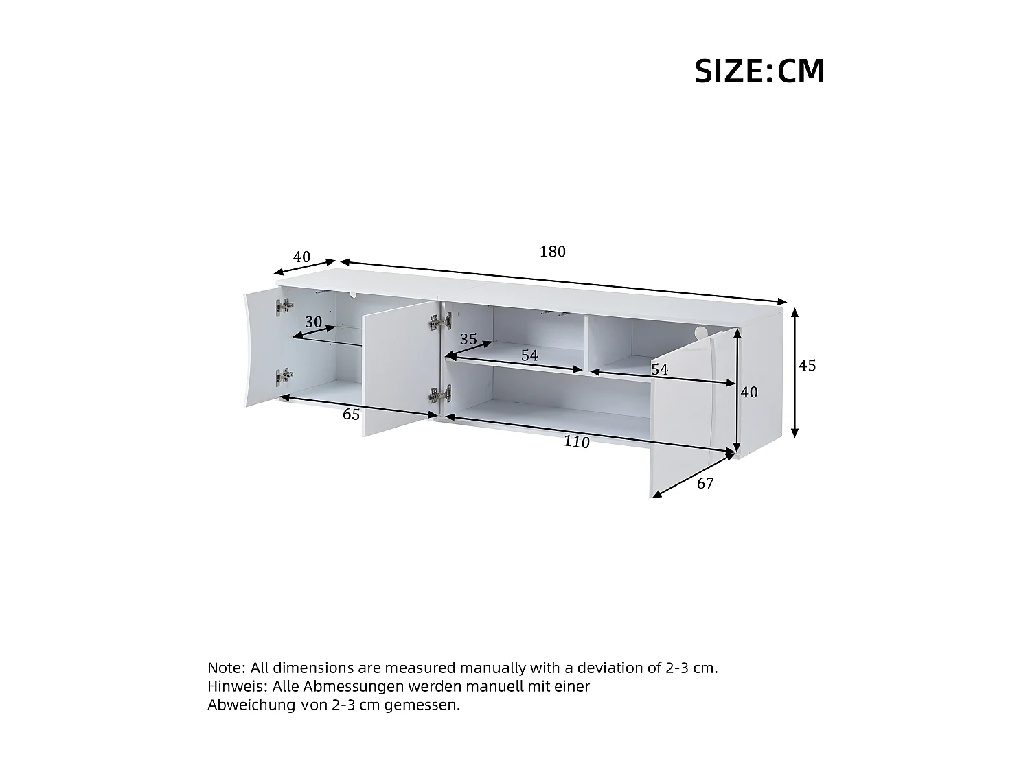 TV-Möbel fürs Wohnzimmer – 180 x 40 x 45 cm – mit 3 Türen und LED-Beleuchtung – für 80-Zoll-Fernseher – Spanplatte – weiß