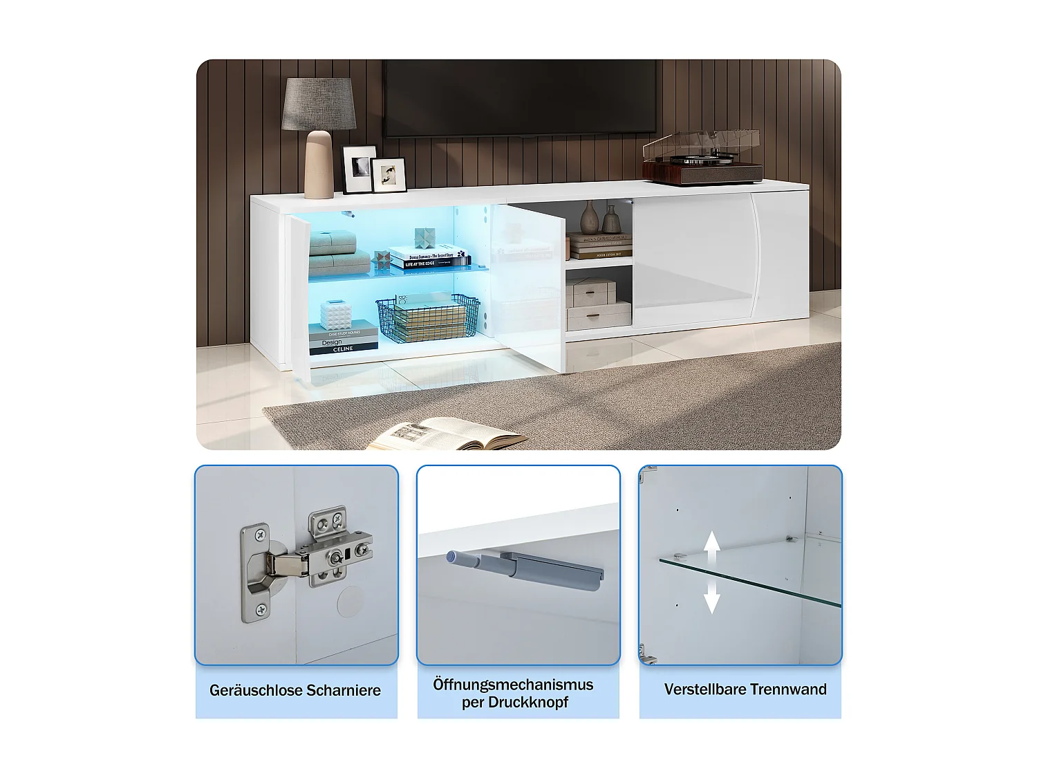TV-Möbel fürs Wohnzimmer – 180 x 40 x 45 cm – mit 3 Türen und LED-Beleuchtung – für 80-Zoll-Fernseher – Spanplatte – weiß