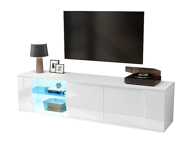 TV-Möbel fürs Wohnzimmer – 180 x 40 x 45 cm – mit 3 Türen und LED-Beleuchtung – für 80-Zoll-Fernseher – Spanplatte – weiß