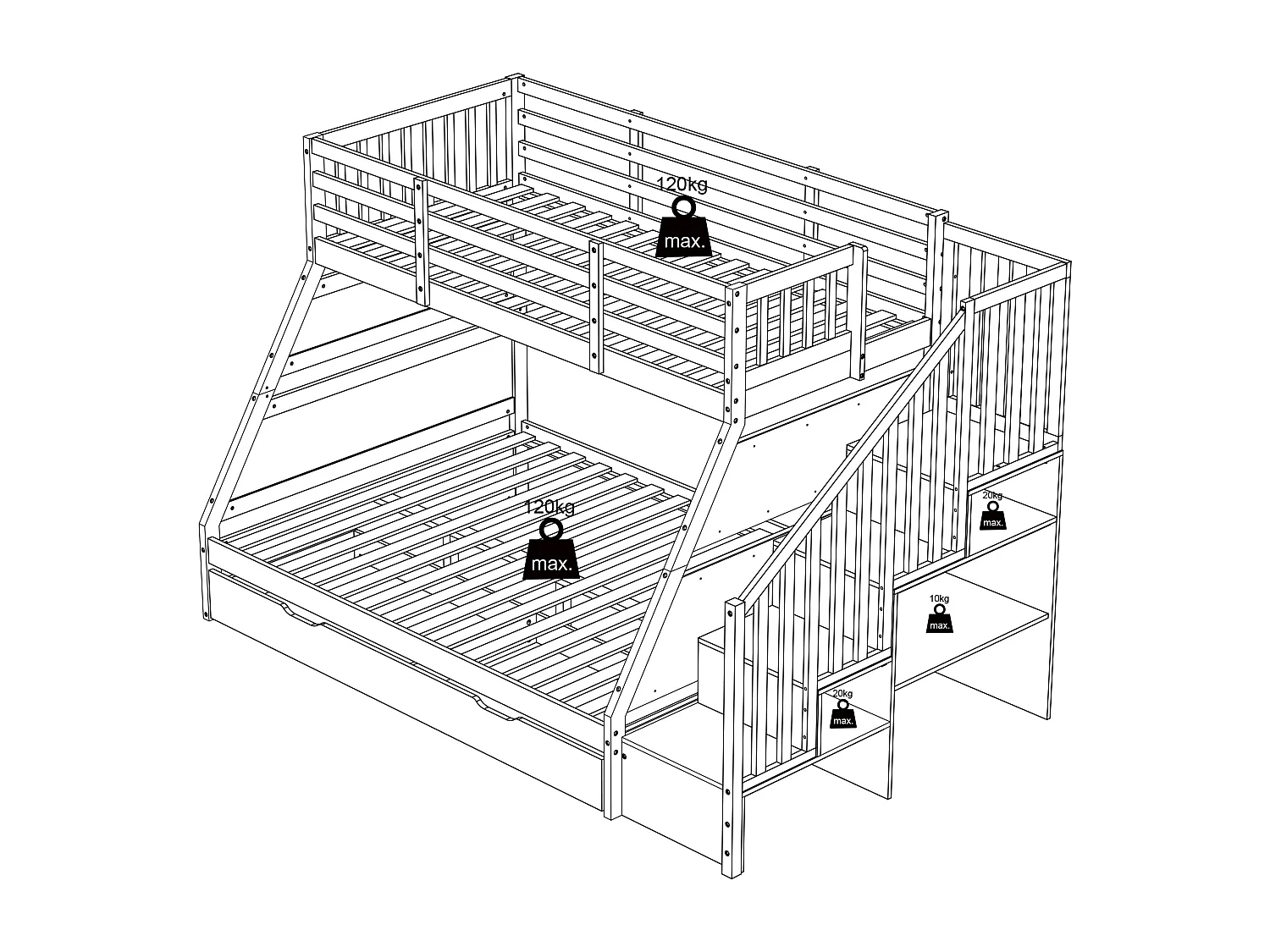 Lits superposés 90 et 140 x 190 cm avec rangements - Pin et MDF - Blanc + Matelas - LAKAYO