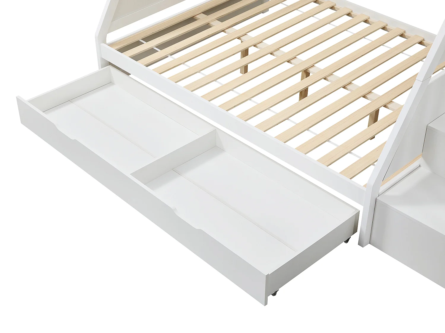 Lits superposés 90 et 140 x 190 cm avec rangements - Pin et MDF - Blanc + Matelas - LAKAYO