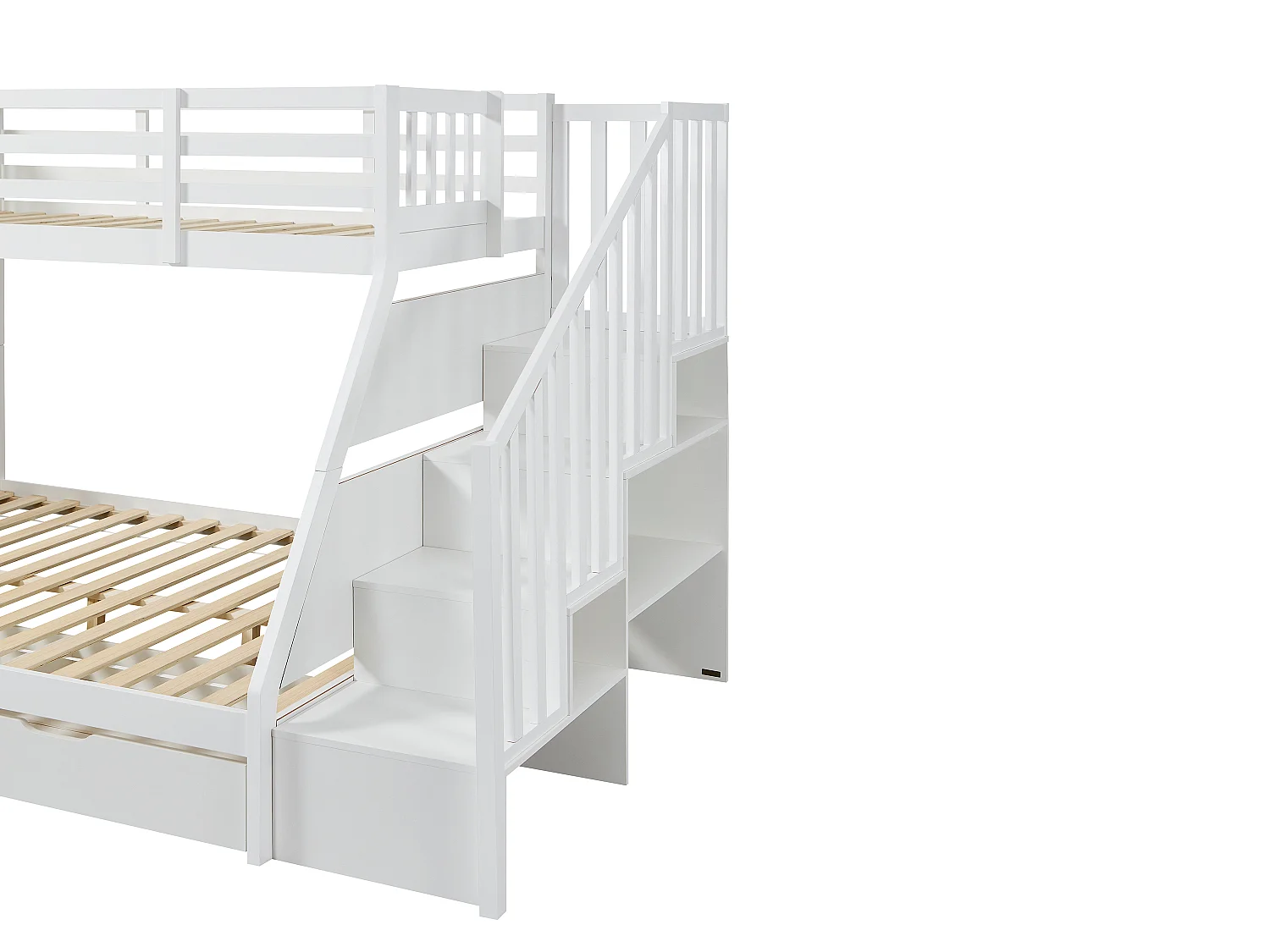 Lits superposés 90 et 140 x 190 cm avec rangements - Pin et MDF - Blanc + Matelas - LAKAYO