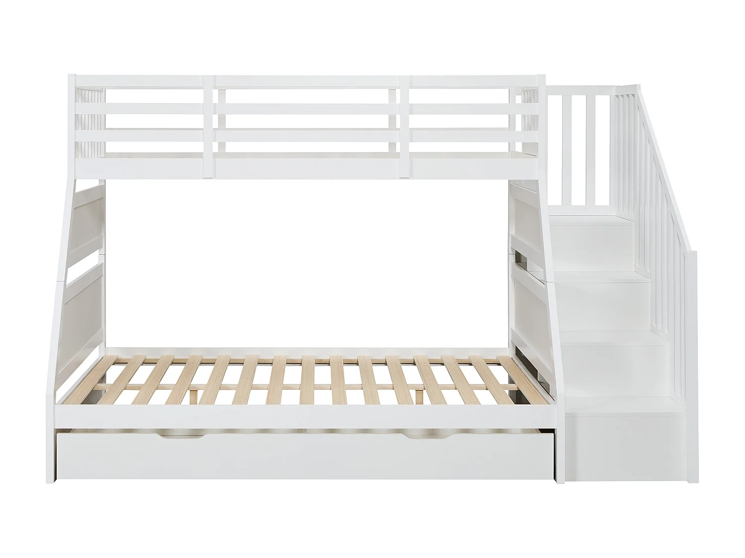 Lits superposés 90 et 140 x 190 cm avec rangements - Pin et MDF - Blanc + Matelas - LAKAYO