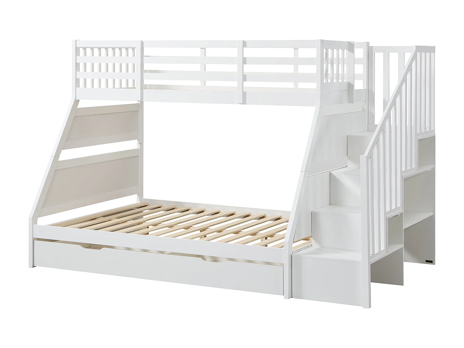 Lits superposés 90 et 140 x 190 cm avec rangements - Pin et MDF - Blanc + Matelas - LAKAYO