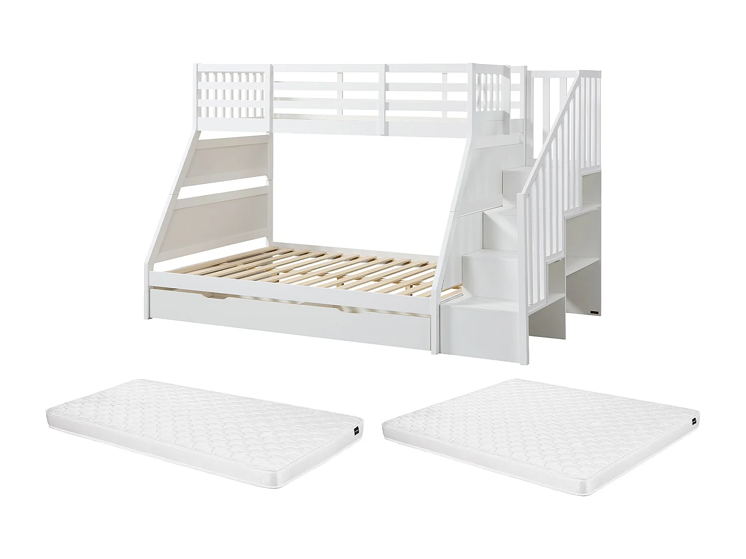 Lits superposés 90 et 140 x 190 cm avec rangements - Pin et MDF - Blanc + Matelas - LAKAYO