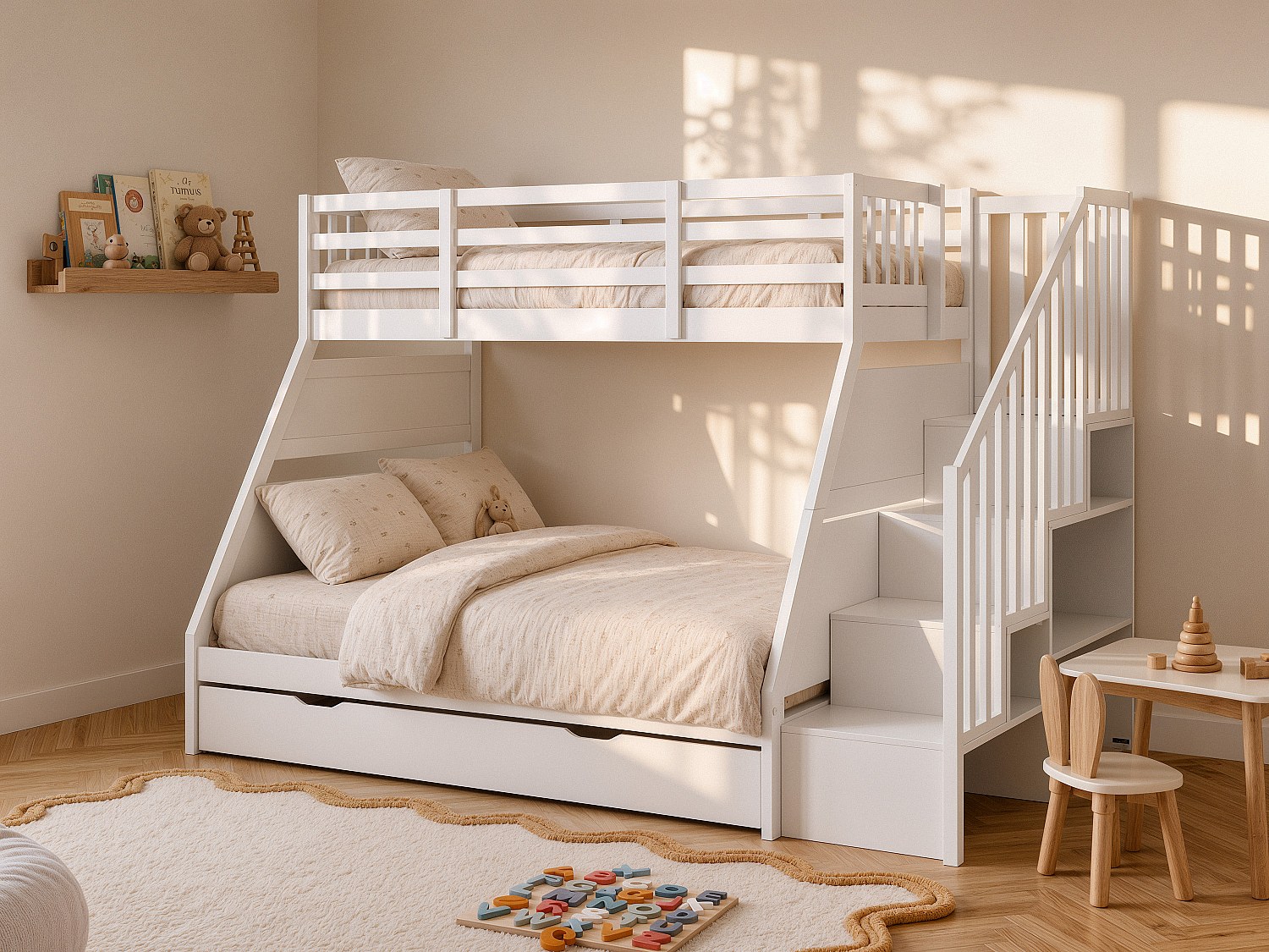 Etagenbett 90 und 140 x 190 cm mit Stauraum - Kiefer und MDF - Weiß + Matratze - LAKAYO