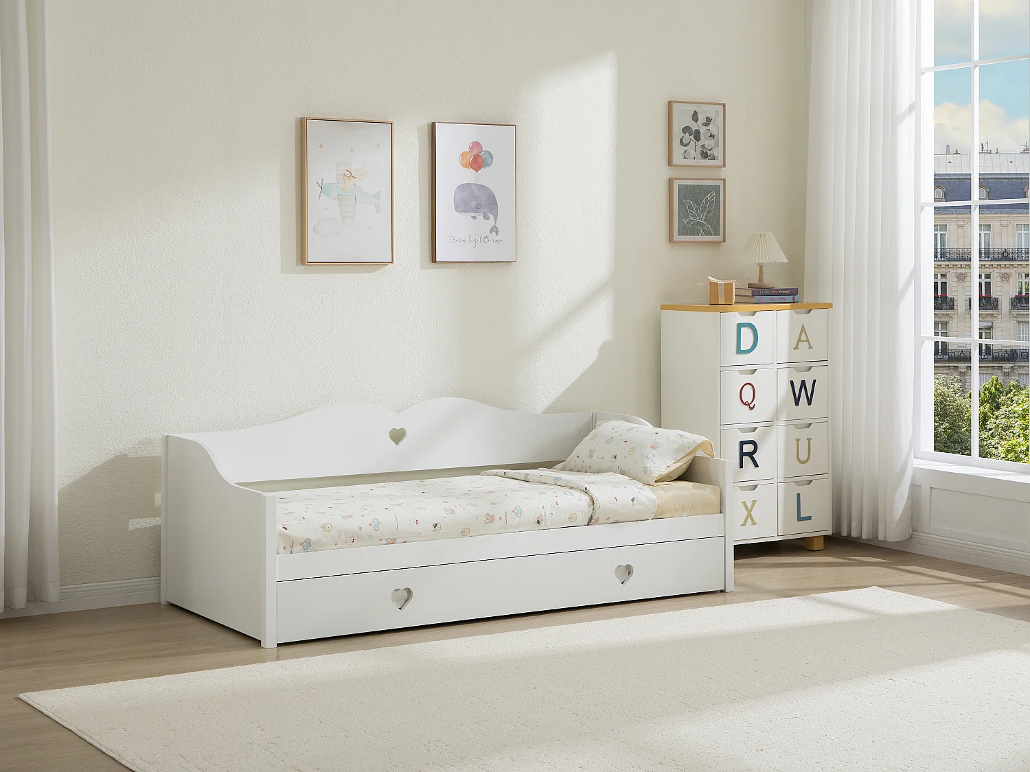 Lit banquette gigogne 2 x 90 x 190 cm - Pin et MDF - Blanc + Matelas - DASTIVA
