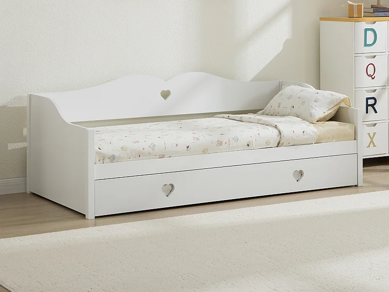 Lit banquette gigogne 2 x 90 x 190 cm - Pin et MDF - Blanc + Matelas - DASTIVA
