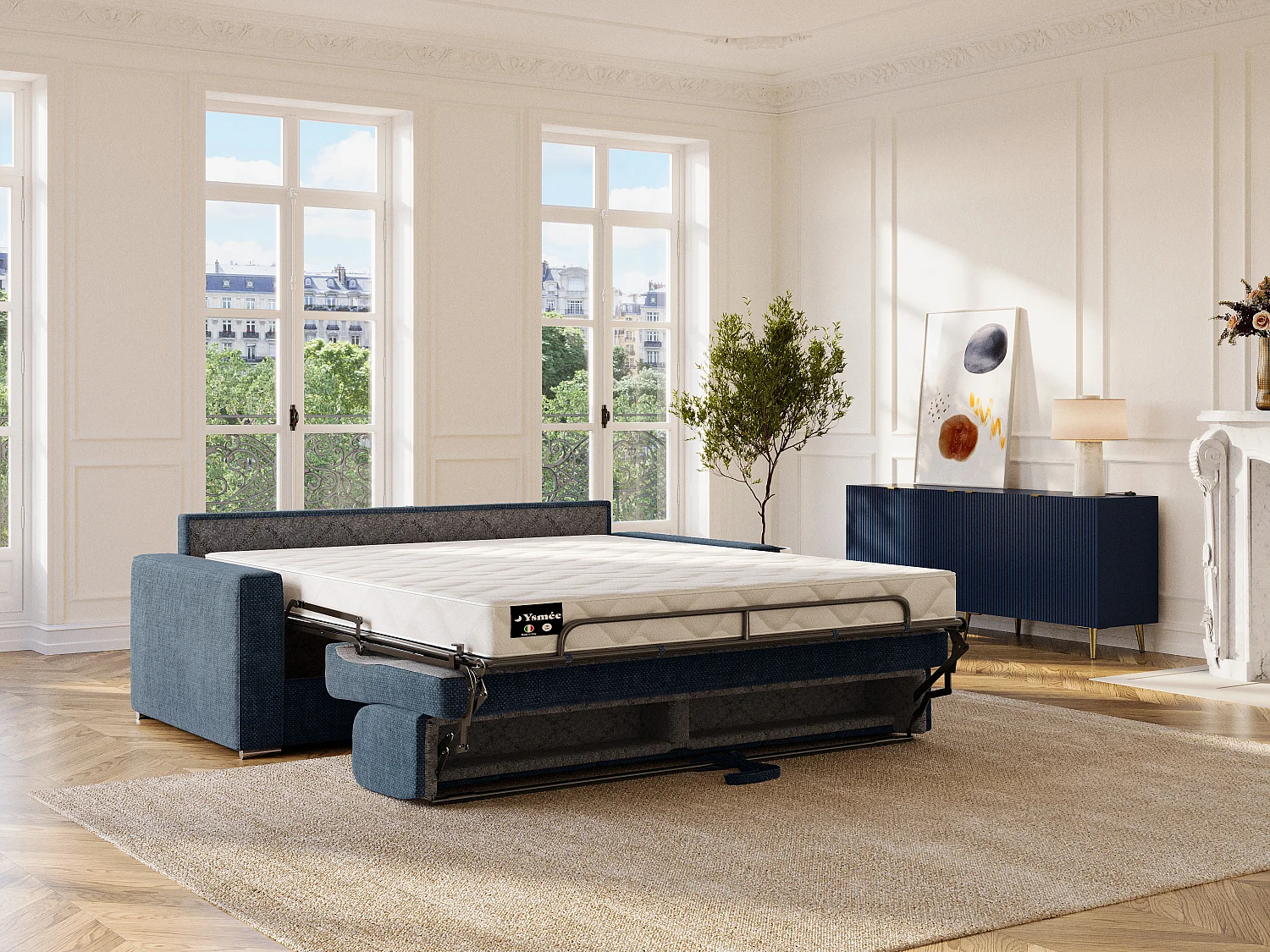 Canapé 4 places convertible express en tissu bleu - Couchage 160 cm - Matelas 18 cm CALITO